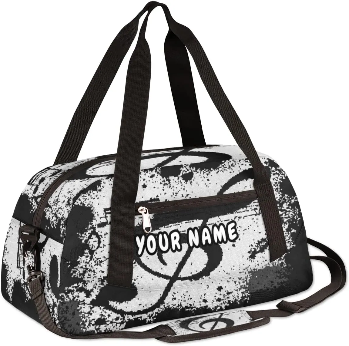 Music Notes Black Personalized Kids Duffel Bag for Girls Boys, Music Notes Debris Custom Name Dance Bag Overnight Small Duffel Bag Carry On Weekend Sports Travel Bag for School Practice Gymnastics Ballet