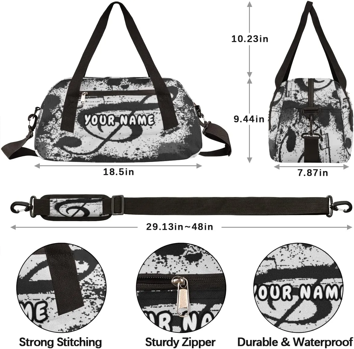 Music Notes Black Personalized Kids Duffel Bag for Girls Boys, Music Notes Debris Custom Name Dance Bag Overnight Small Duffel Bag Carry On Weekend Sports Travel Bag for School Practice Gymnastics Ballet