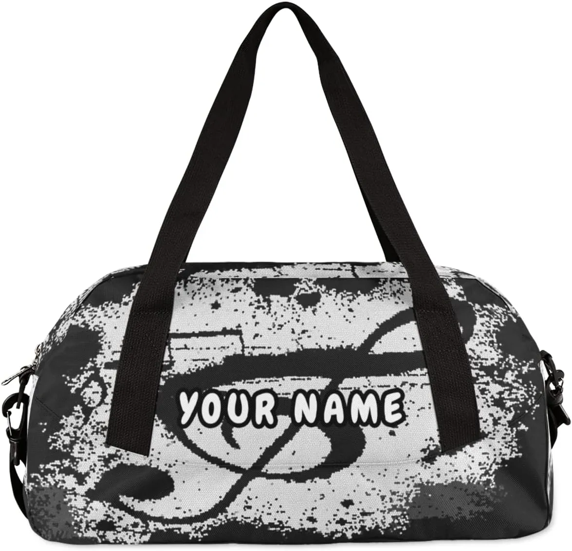 Music Notes Black Personalized Kids Duffel Bag for Girls Boys, Music Notes Debris Custom Name Dance Bag Overnight Small Duffel Bag Carry On Weekend Sports Travel Bag for School Practice Gymnastics Ballet