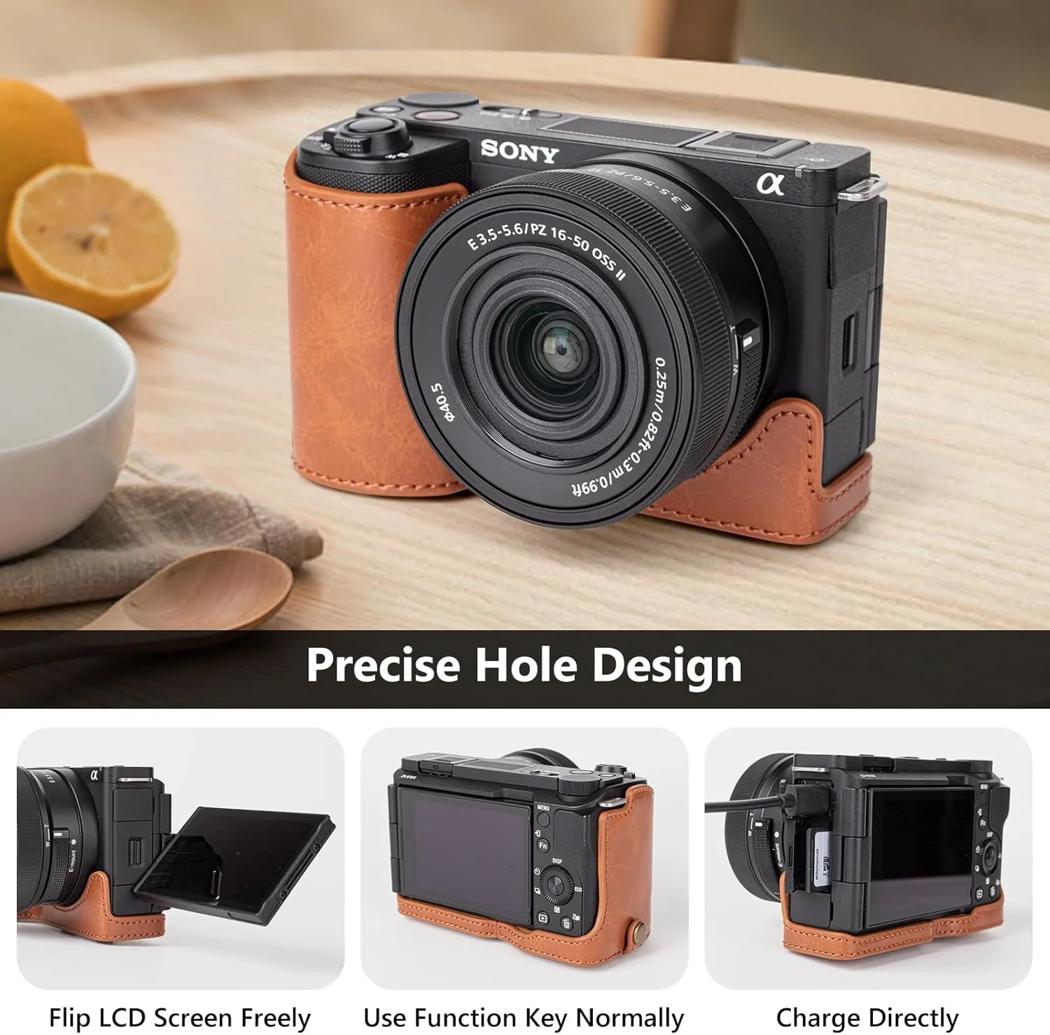 MUZIRI KINOKOO Case for Sony ZV-E10 II Camera, PU Leather Protective Case for Sony Alpha ZV-E10 II/ZVE10 II Camera with 16-50mm Lens - Removable ZVE10 II Carrying Case with Shoulder Strap - Brown