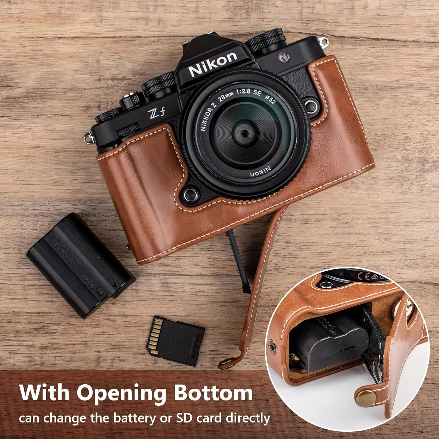 MUZIRI KINOKOO Nikon Z f Zf Case, PU Leather Protective Case Compatible for Nikon Z f/Zf Camera - with Hand Grip and Opening Bottom Design - Brown