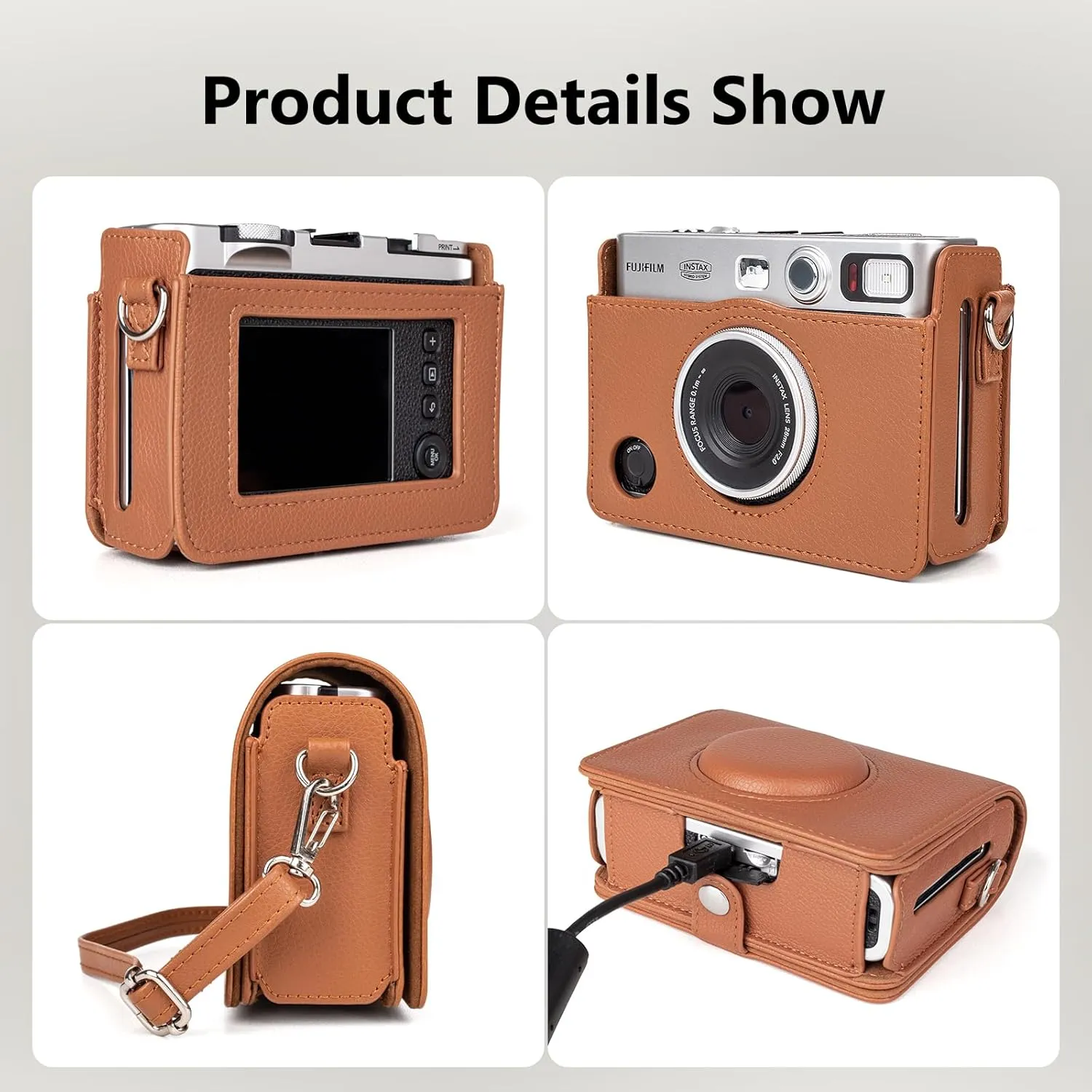 MUZIRI KINOKOO Protective Case for Instax Mini EVO Instant Camera - Lychee Texture Premium PU Leather Fuji Mini EVO Camera Case with Adjustable Shoulder Strap & Precise Open Hole for Charging - Brown