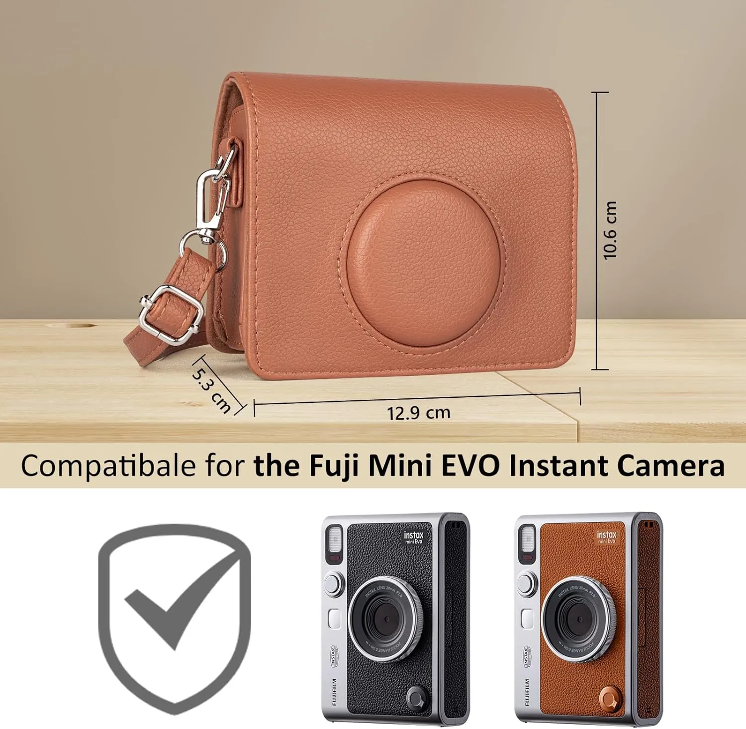 MUZIRI KINOKOO Protective Case for Instax Mini EVO Instant Camera - Lychee Texture Premium PU Leather Fuji Mini EVO Camera Case with Adjustable Shoulder Strap & Precise Open Hole for Charging - Brown