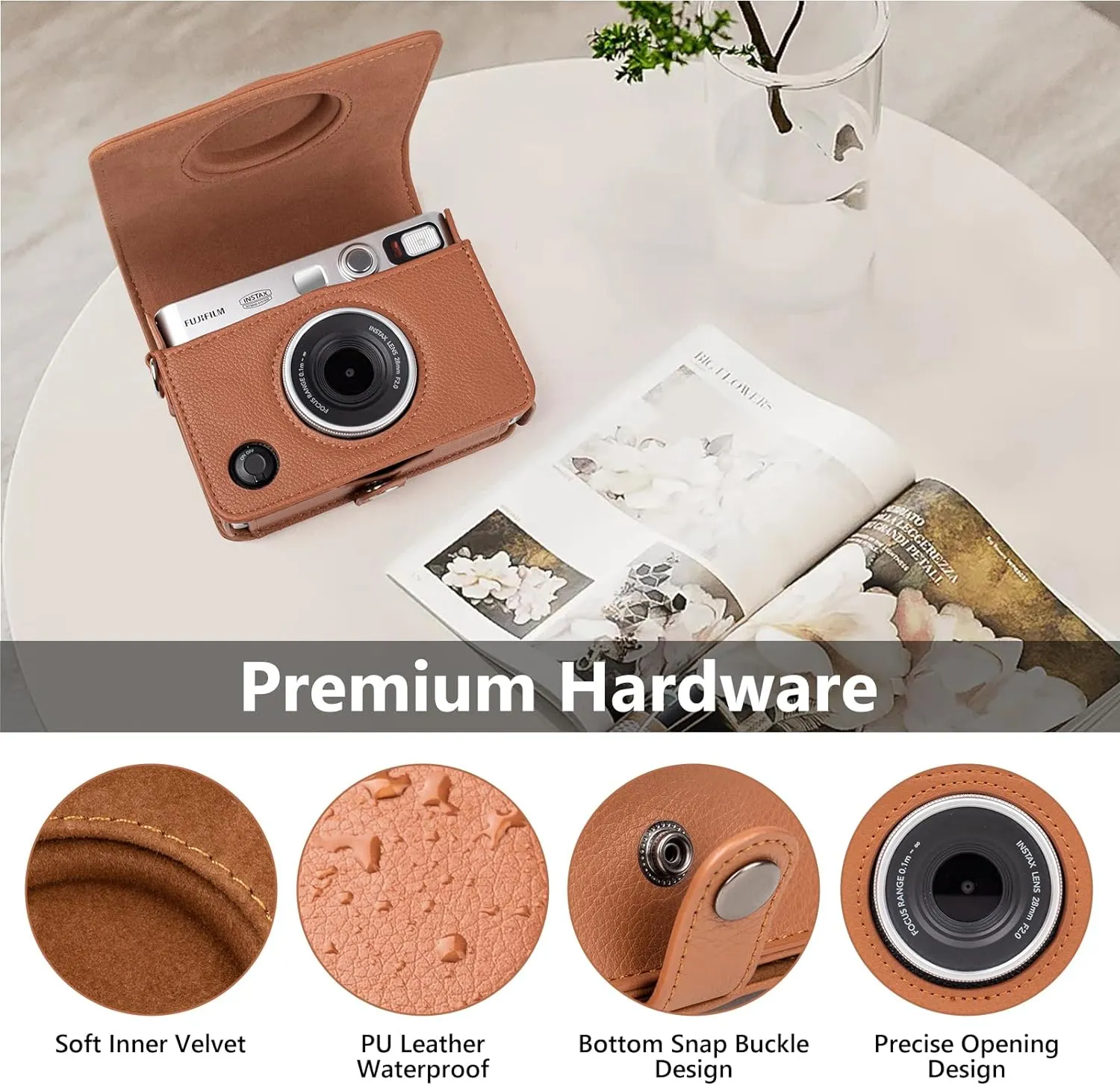 MUZIRI KINOKOO Protective Case for Instax Mini EVO Instant Camera - Lychee Texture Premium PU Leather Fuji Mini EVO Camera Case with Adjustable Shoulder Strap & Precise Open Hole for Charging - Brown