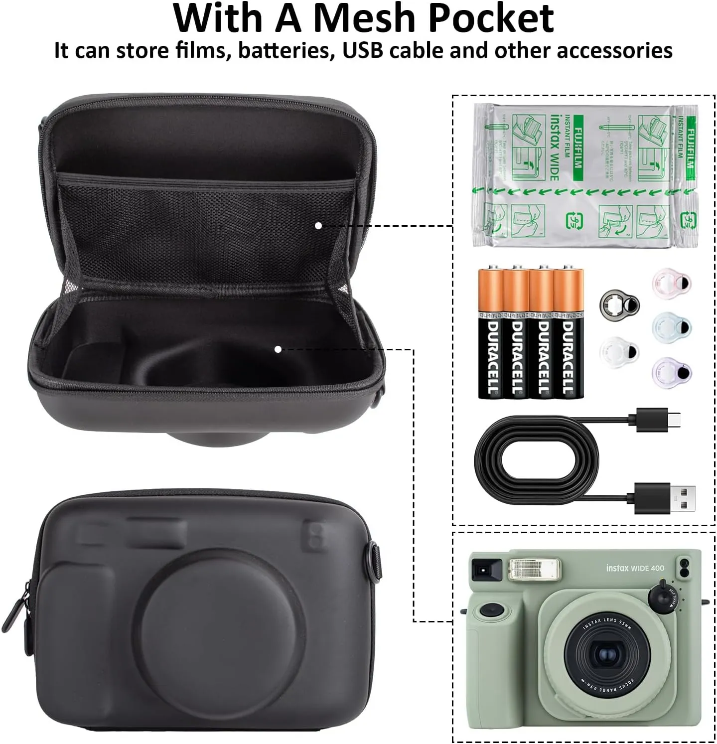 MUZIRI KINOKOO Protective Case for Instax WIDE 400/210/300 Lomo'Instant Wide Camera, EVA Hard Shell Case Organizer Bag for WIDE 400 210 300 LOMO Camera with Adjustable Shoulder Strap - Black