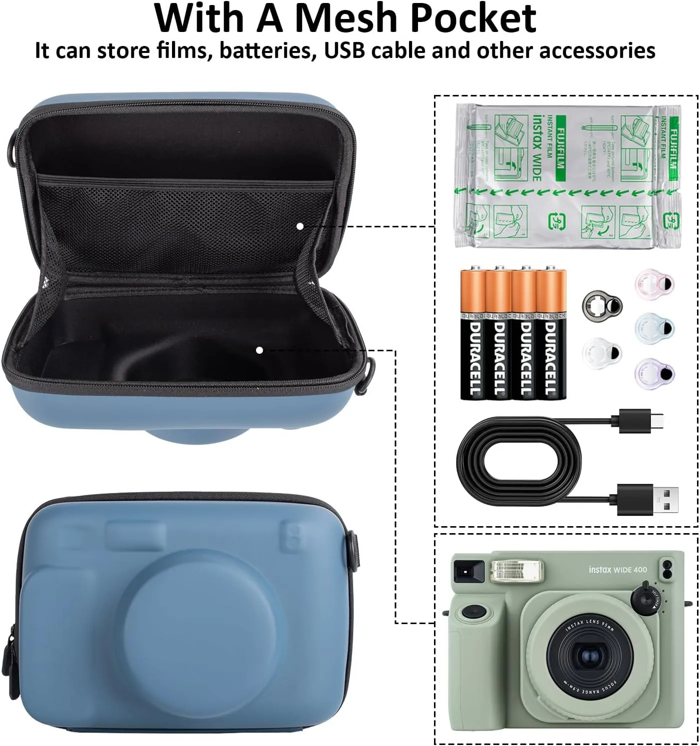 MUZIRI KINOKOO Protective Case for Instax WIDE 400/210/300 Lomo'Instant Wide Camera, EVA Hard Shell Case Organizer Bag for WIDE 400 210 300 LOMO Camera with Adjustable Shoulder Strap - Blue