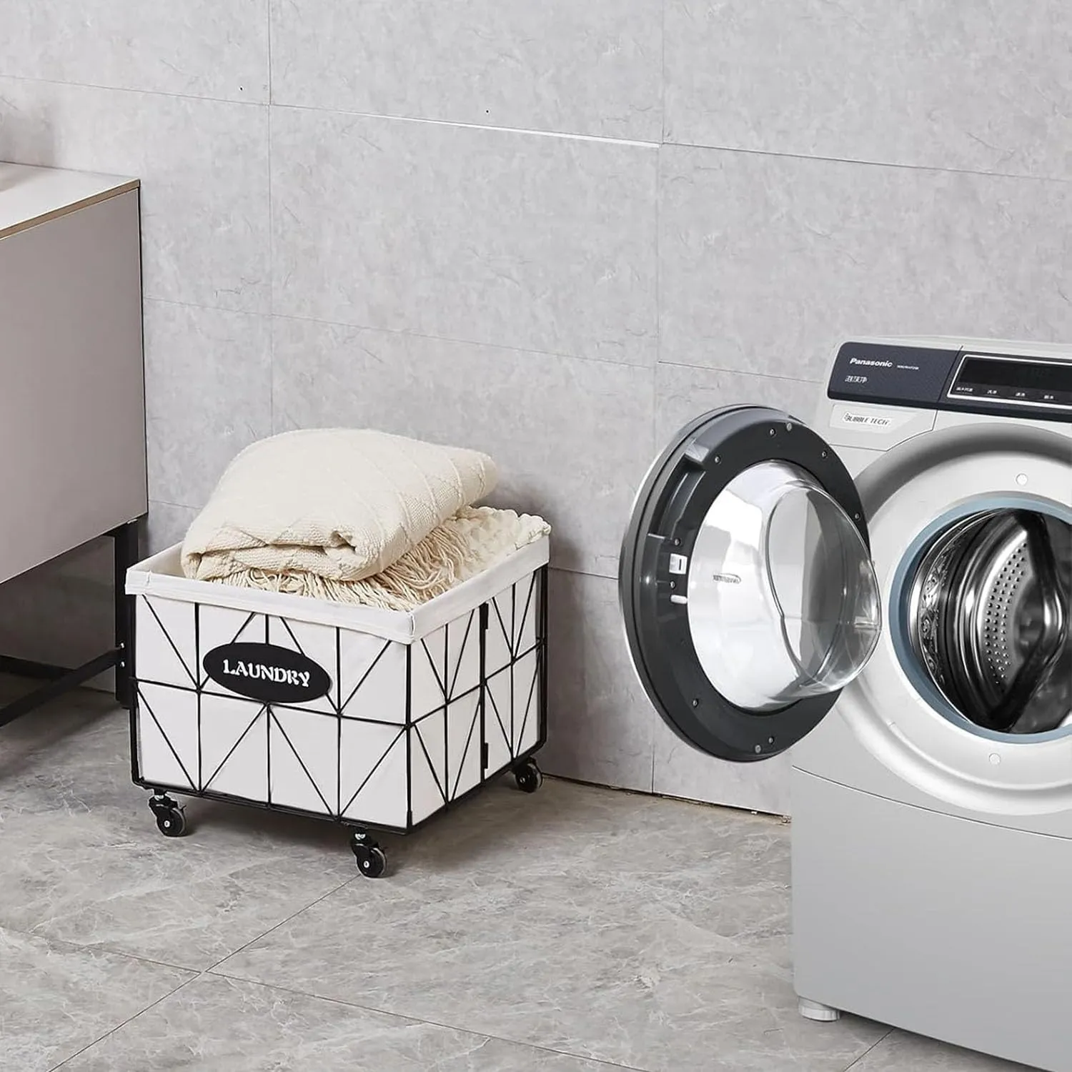 Mxfurhawa Collapsible Laundry Hamper with Wheels, 65L Capacity and Removable Liner, Sturdy Metal Frame for Clothes Storage and Transport - Convenient Laundry Basket for Home Use (65L-LE-Black)