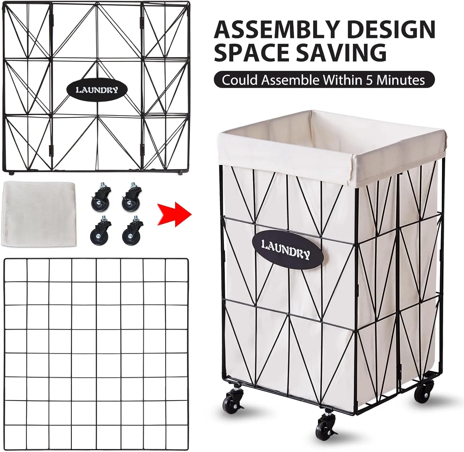 Mxfurhawa Collapsible Laundry Hamper with Wheels,Capacity and Removable Liner, Sturdy Metal Frame for Clothes Storage and Transport (65L-LC-Black)