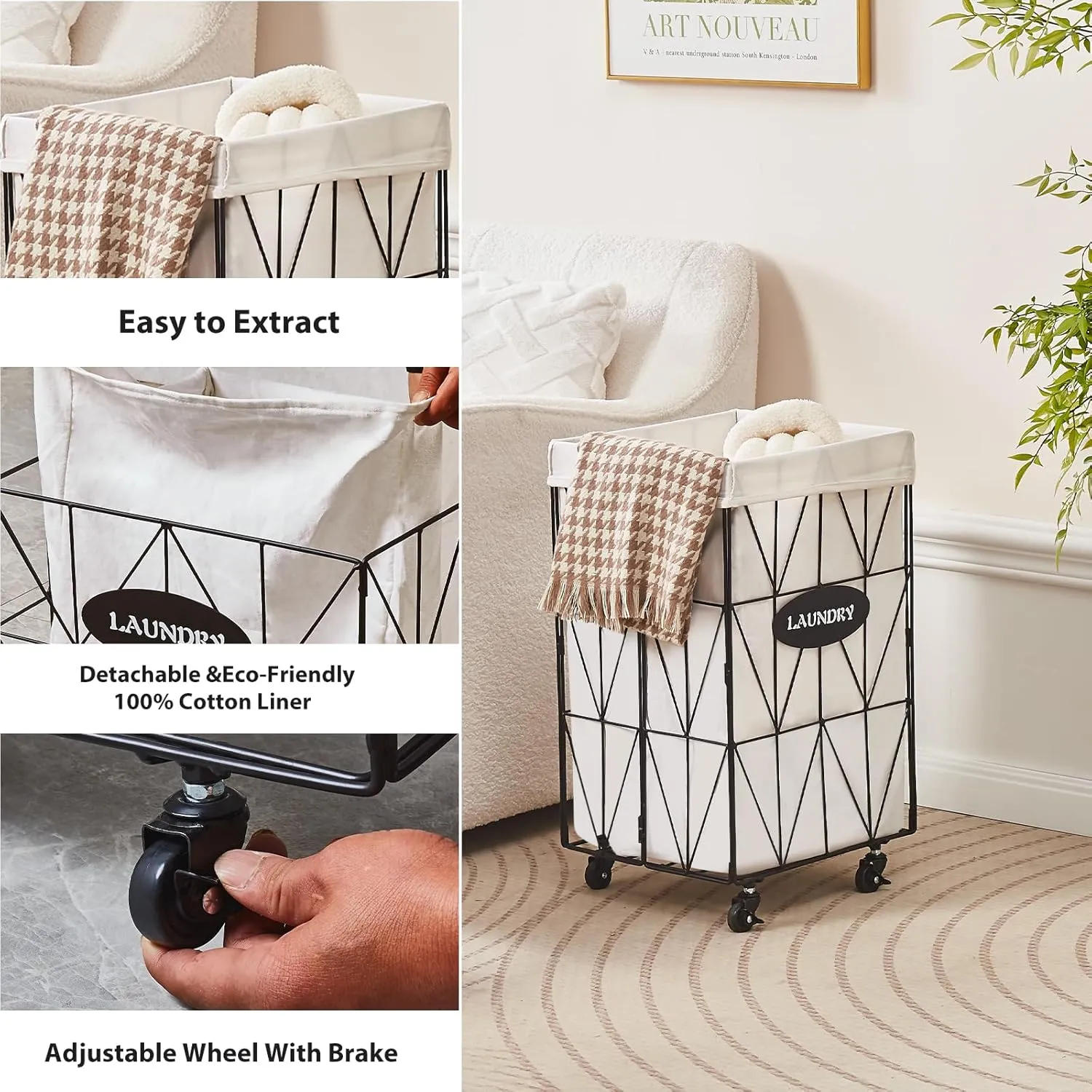 Mxfurhawa Collapsible Laundry Hamper with Wheels,Capacity and Removable Liner, Sturdy Metal Frame for Clothes Storage and Transport (65L-LC-Black)