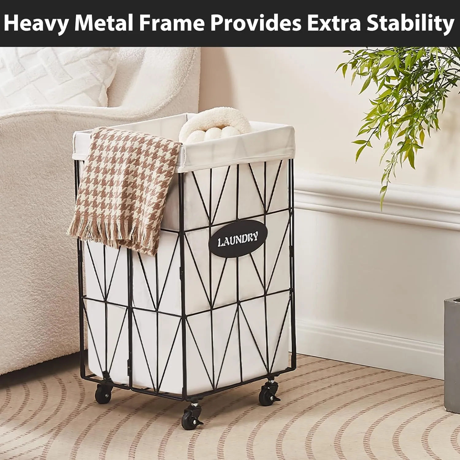 Mxfurhawa Collapsible Laundry Hamper with Wheels,Capacity and Removable Liner, Sturdy Metal Frame for Clothes Storage and Transport (65L-LC-Black)