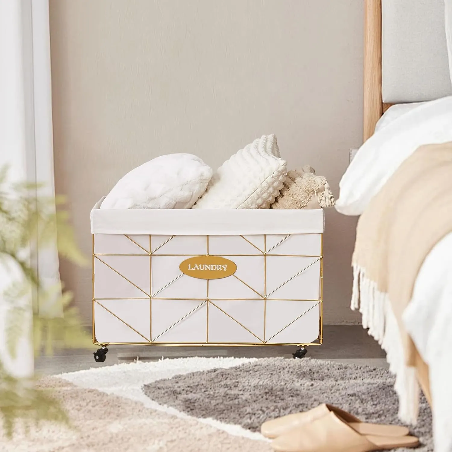Mxfurhawa Laundry Hamper, 65L Collapsible Laundry Basket Large Capacity Metal Laundry Hamper with Removable Liner, Rolling Wheels and Collapsible Design for Storage and Organization (65L Rectangular)