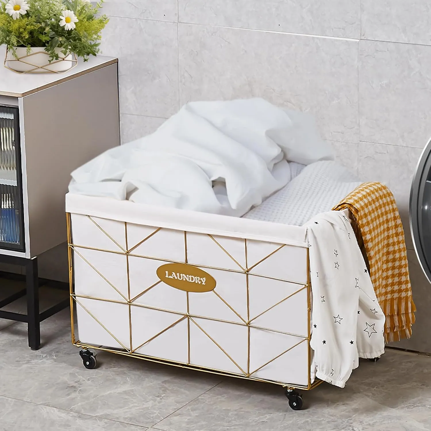 Mxfurhawa Laundry Hamper,Collapsible Laundry Basket Large Capacity Metal Laundry Hamper with Removable Liner, Rolling Wheels and Collapsible Design for Clothes Storage and Organization (160L GOLD)