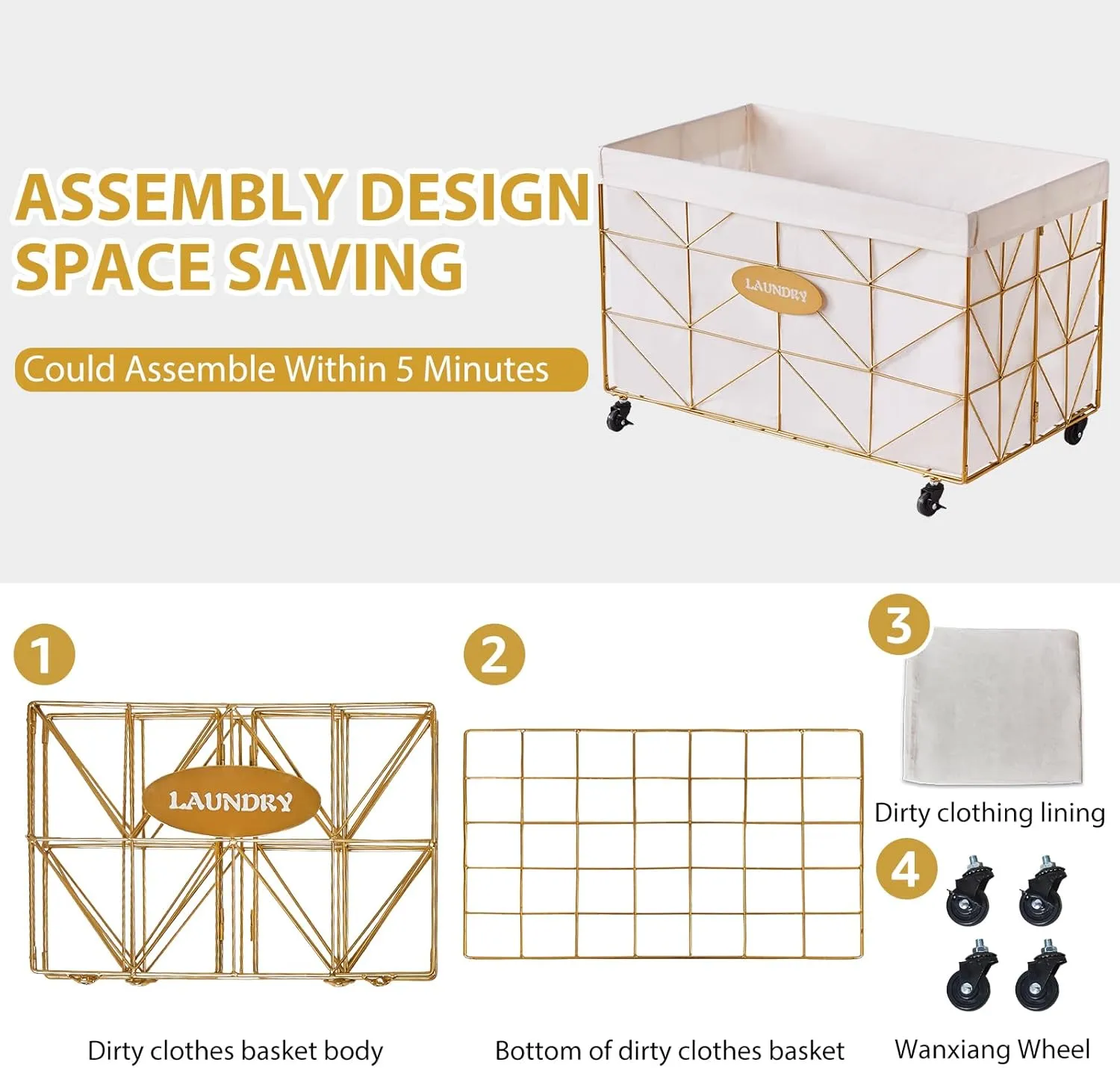 Mxfurhawa Laundry Hamper,Collapsible Laundry Basket Large Capacity Metal Laundry Hamper with Removable Liner, Rolling Wheels and Collapsible Design for Clothes Storage and Organization (160L GOLD)