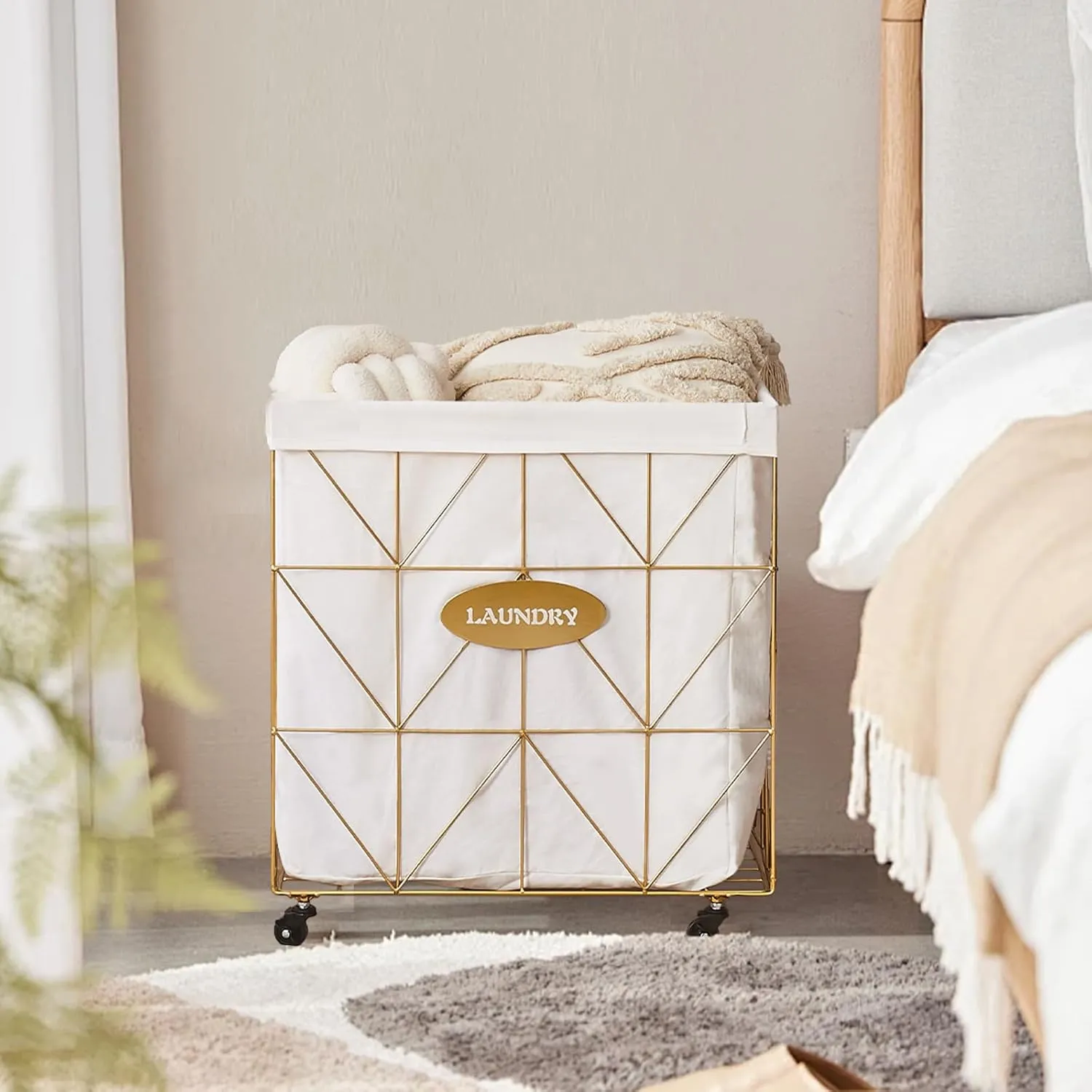 Mxfurhawa Laundry Hamper,Collapsible Laundry Basket Large Capacity Metal Laundry Hamper with Removable Liner, Rolling Wheels and Collapsible Design for Clothes Storage and Organization (210L GOLD)