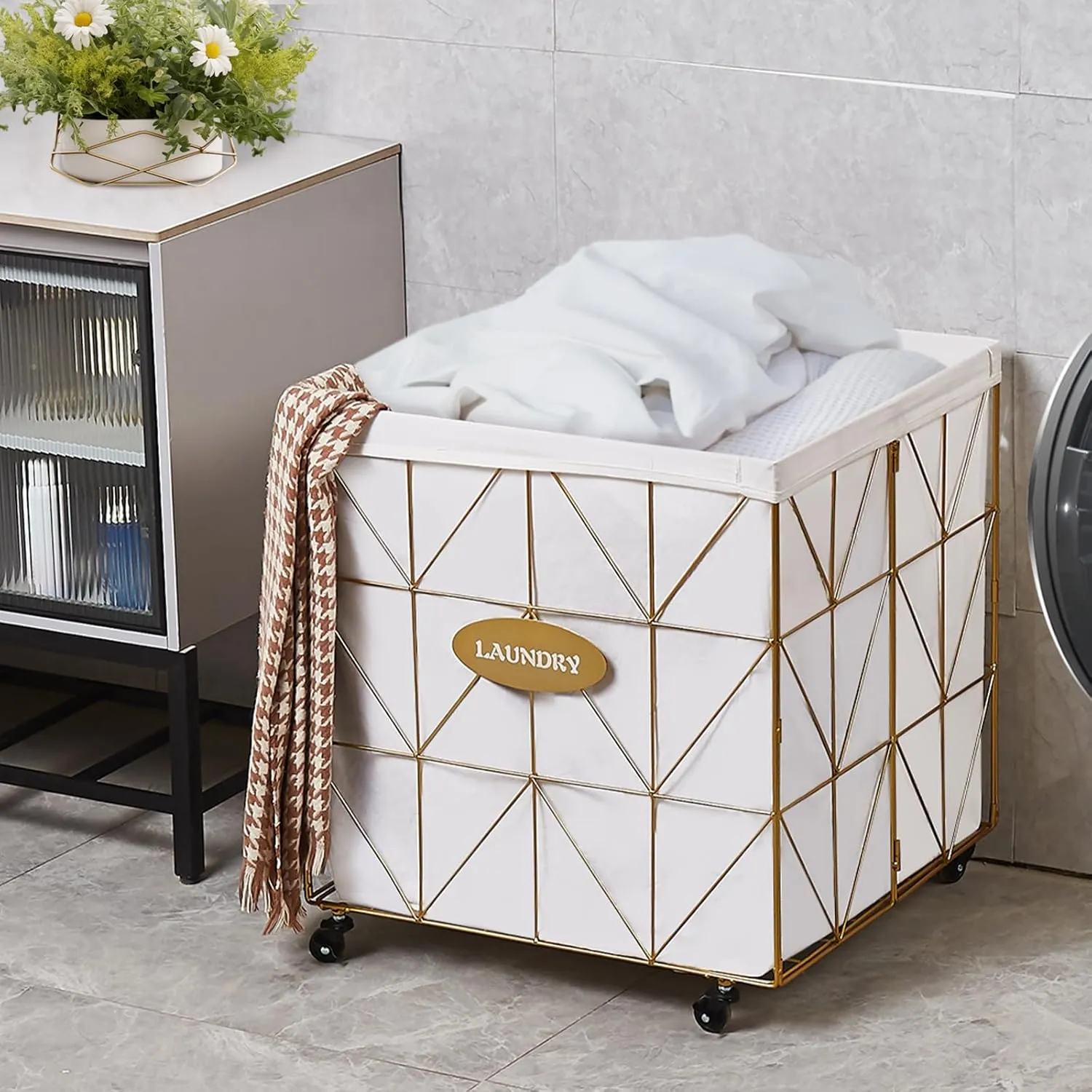 Mxfurhawa Laundry Hamper,Collapsible Laundry Basket Large Capacity Metal Laundry Hamper with Removable Liner, Rolling Wheels and Collapsible Design for Clothes Storage and Organization (210L GOLD)
