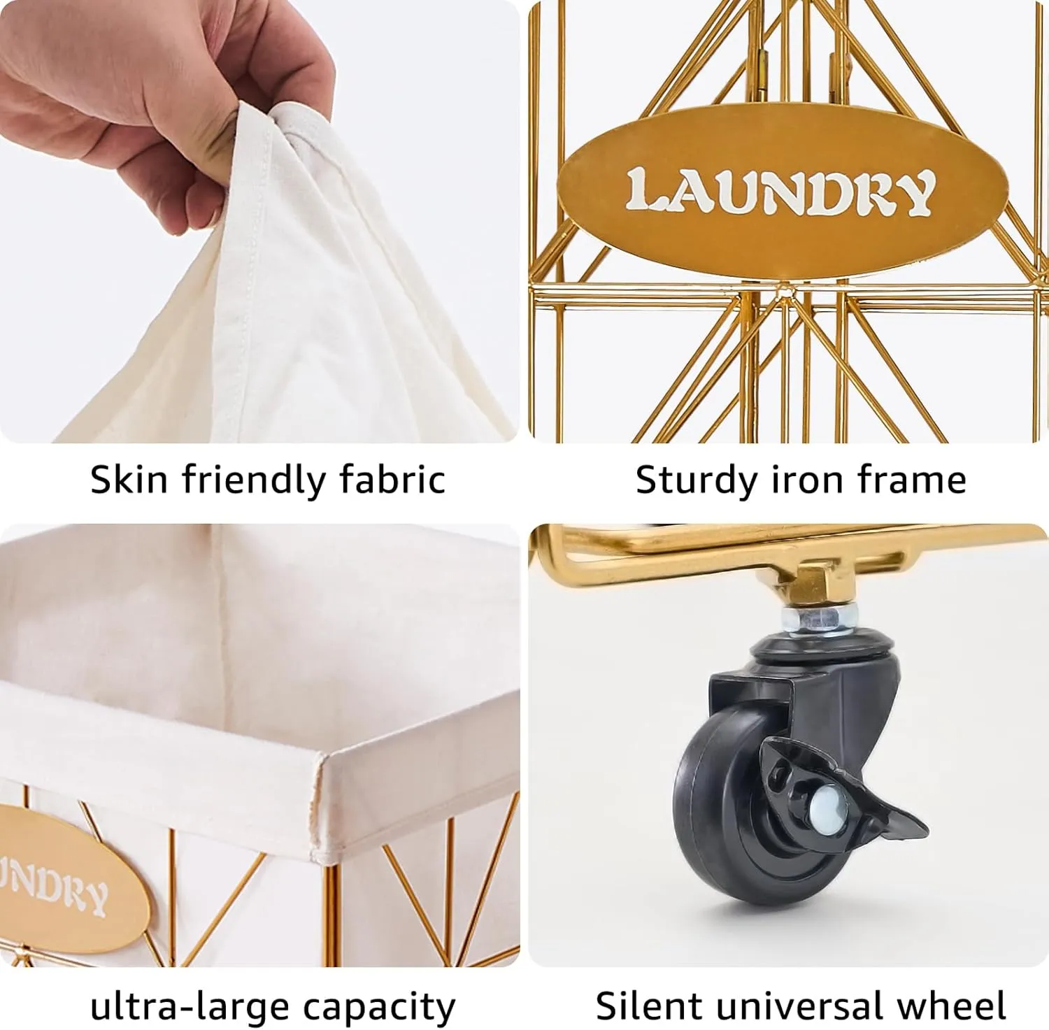 Mxfurhawa Laundry Hamper,Collapsible Laundry Basket Large Capacity Metal Laundry Hamper with Removable Liner, Rolling Wheels and Collapsible Design for Clothes Storage and Organization (210L GOLD)