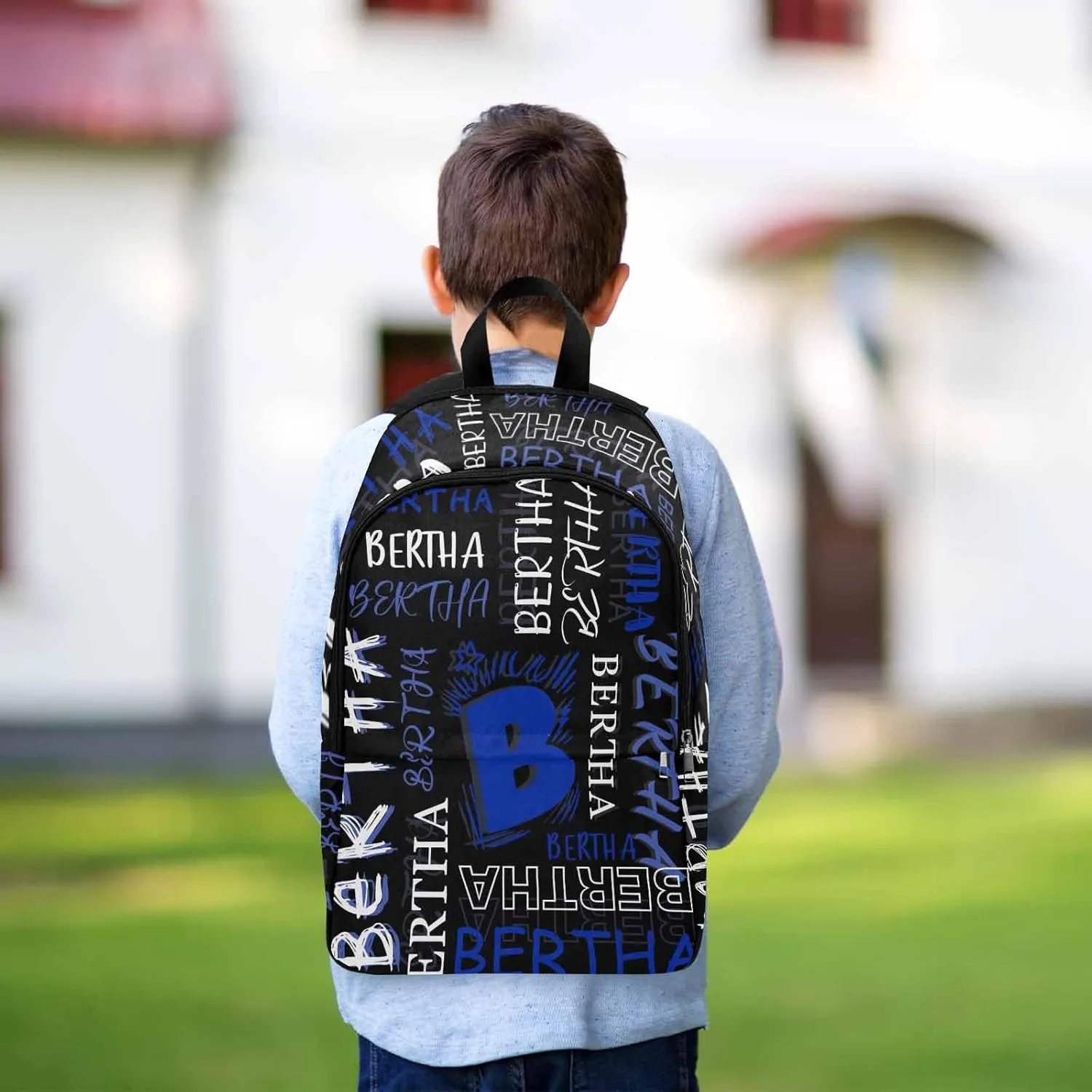 MyPupSocks Custom Backpack for Kids, Personalized Black & Blue Initial Name Logo Bag Schoolbag Casual Daypack Customized Name Travel Laptop Bag Backpack for Daughter Son Teens Travel Picnic