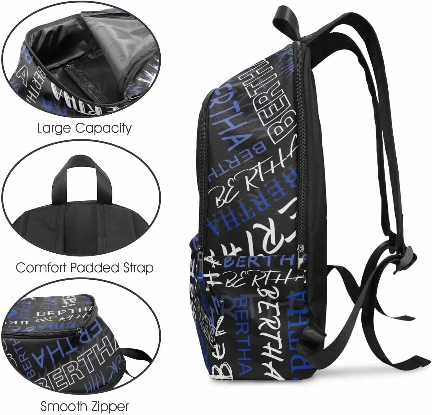 MyPupSocks Custom Backpack for Kids, Personalized Black & Blue Initial Name Logo Bag Schoolbag Casual Daypack Customized Name Travel Laptop Bag Backpack for Daughter Son Teens Travel Picnic