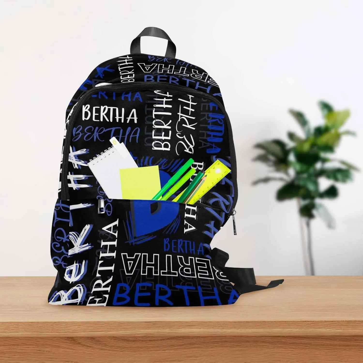 MyPupSocks Custom Backpack for Kids, Personalized Black & Blue Initial Name Logo Bag Schoolbag Casual Daypack Customized Name Travel Laptop Bag Backpack for Daughter Son Teens Travel Picnic