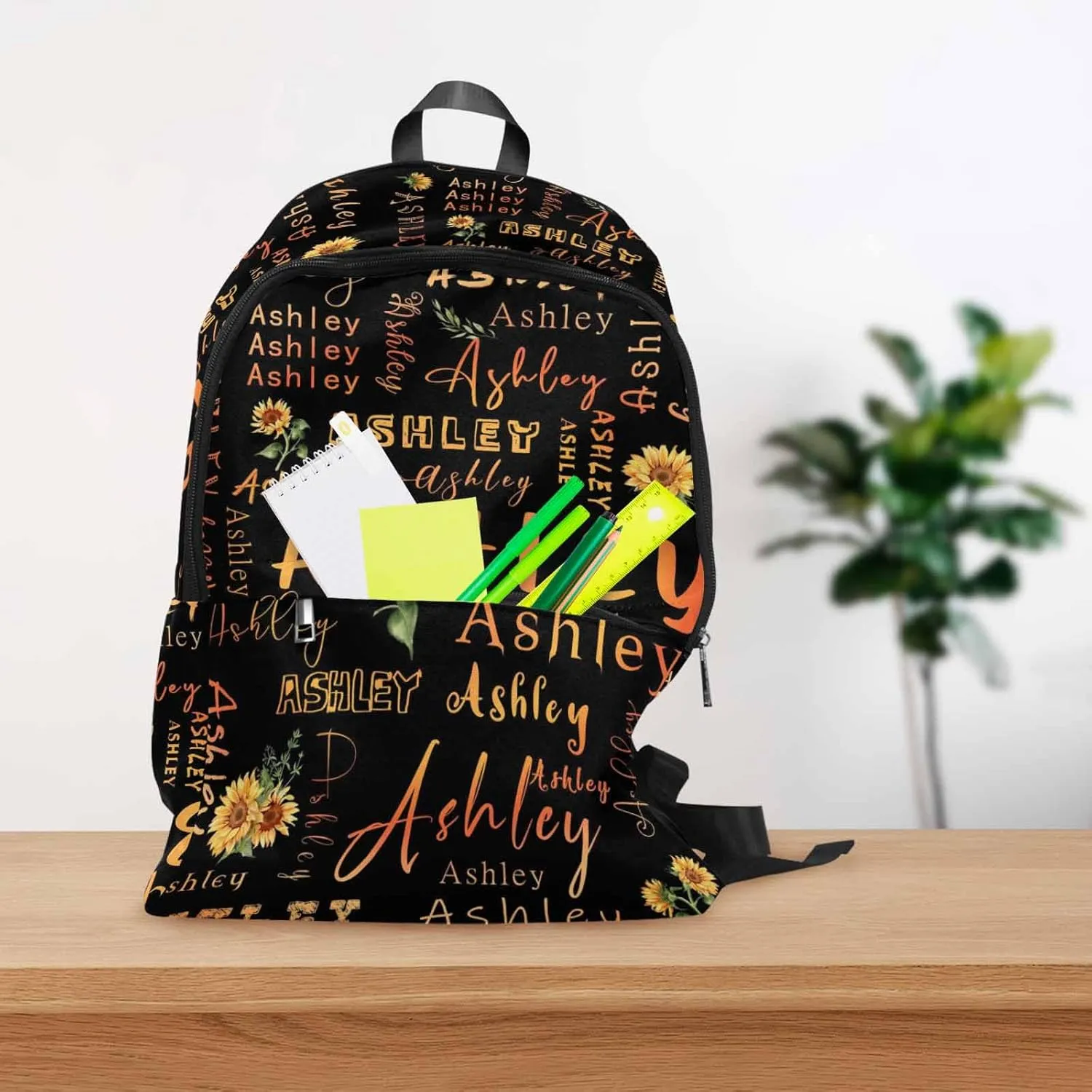 MyPupSocks Custom Name Backpack Bag for Boys Girls, Personalized Gradual Orange Flower with Name Schoolbag Casual Backpack Customized Bookbag for Unisex Back School Camping Hiking Travel