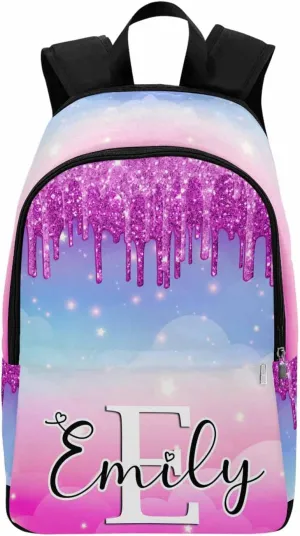 MyPupSocks Customize Name Casual School Backpack for Kids, Personalized Glitter Drips On Cloud Stars Schoolbag Shoulder Bag Custom Travel Daypack for Students Boys Girls Back School Gifts Picnic