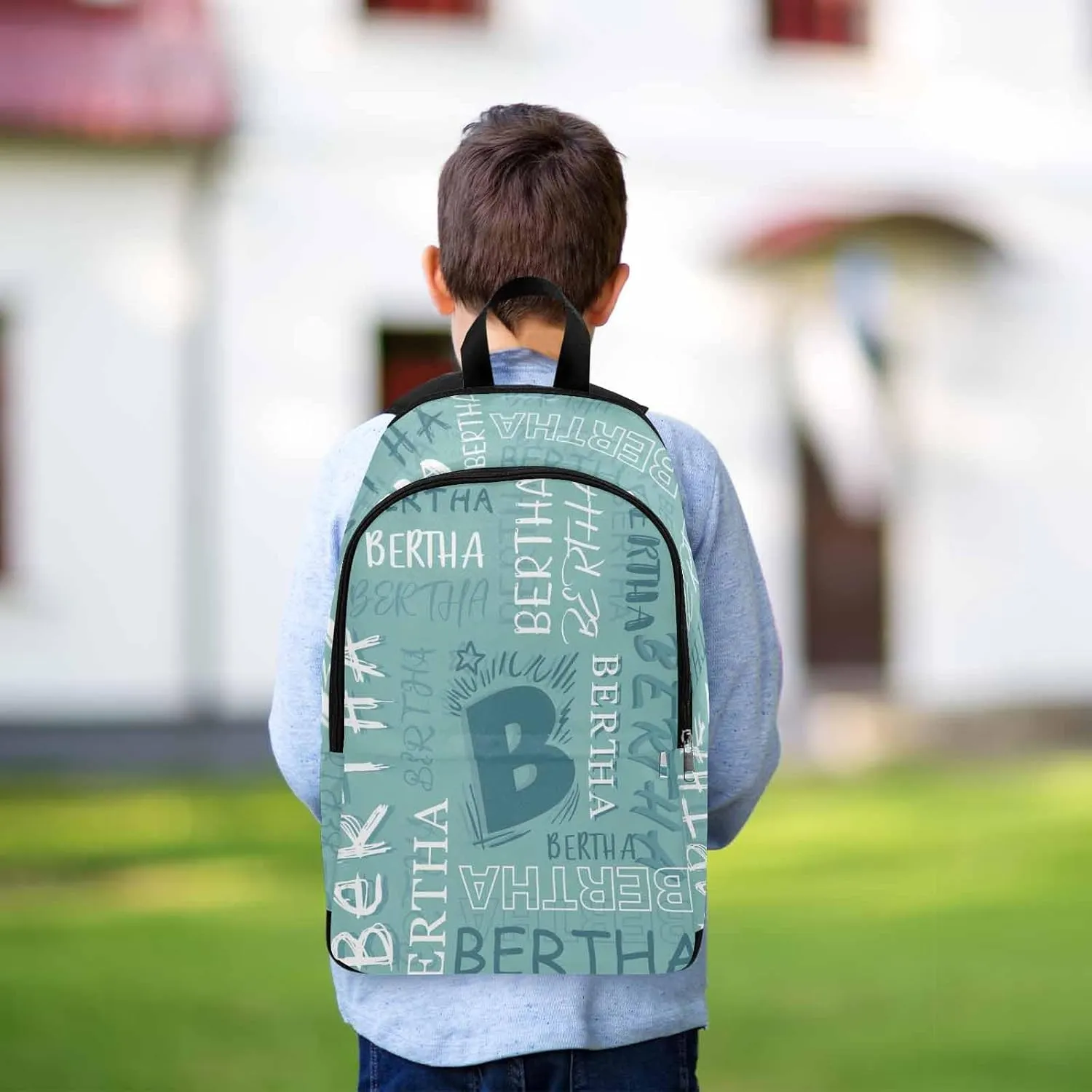 MyPupSocks Customize Name Casual School Backpack for Kids, Personalized Green Initial Name Schoolbag Shoulder Bag Custom Travel Daypack for Students Boys Girls Back School Gifts Picnic