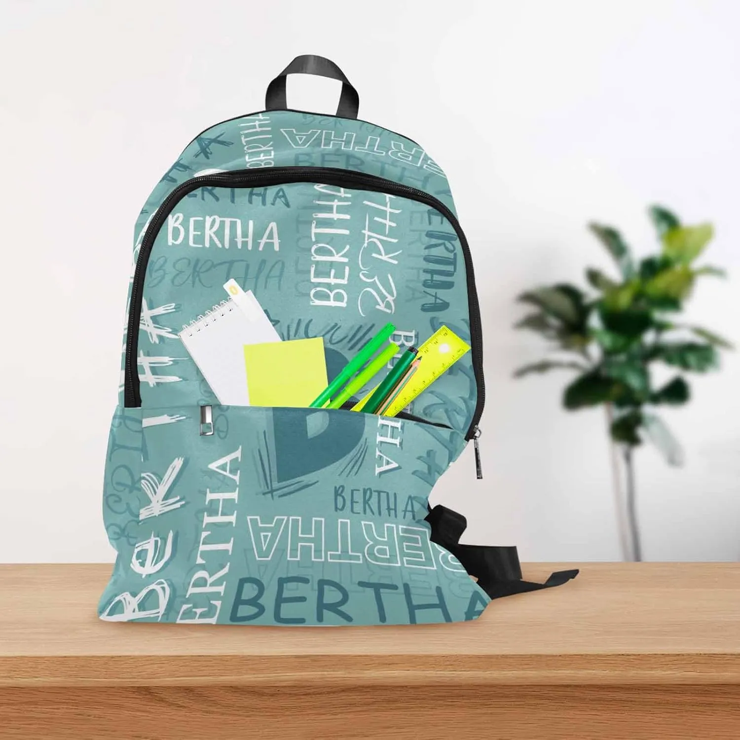 MyPupSocks Customize Name Casual School Backpack for Kids, Personalized Green Initial Name Schoolbag Shoulder Bag Custom Travel Daypack for Students Boys Girls Back School Gifts Picnic
