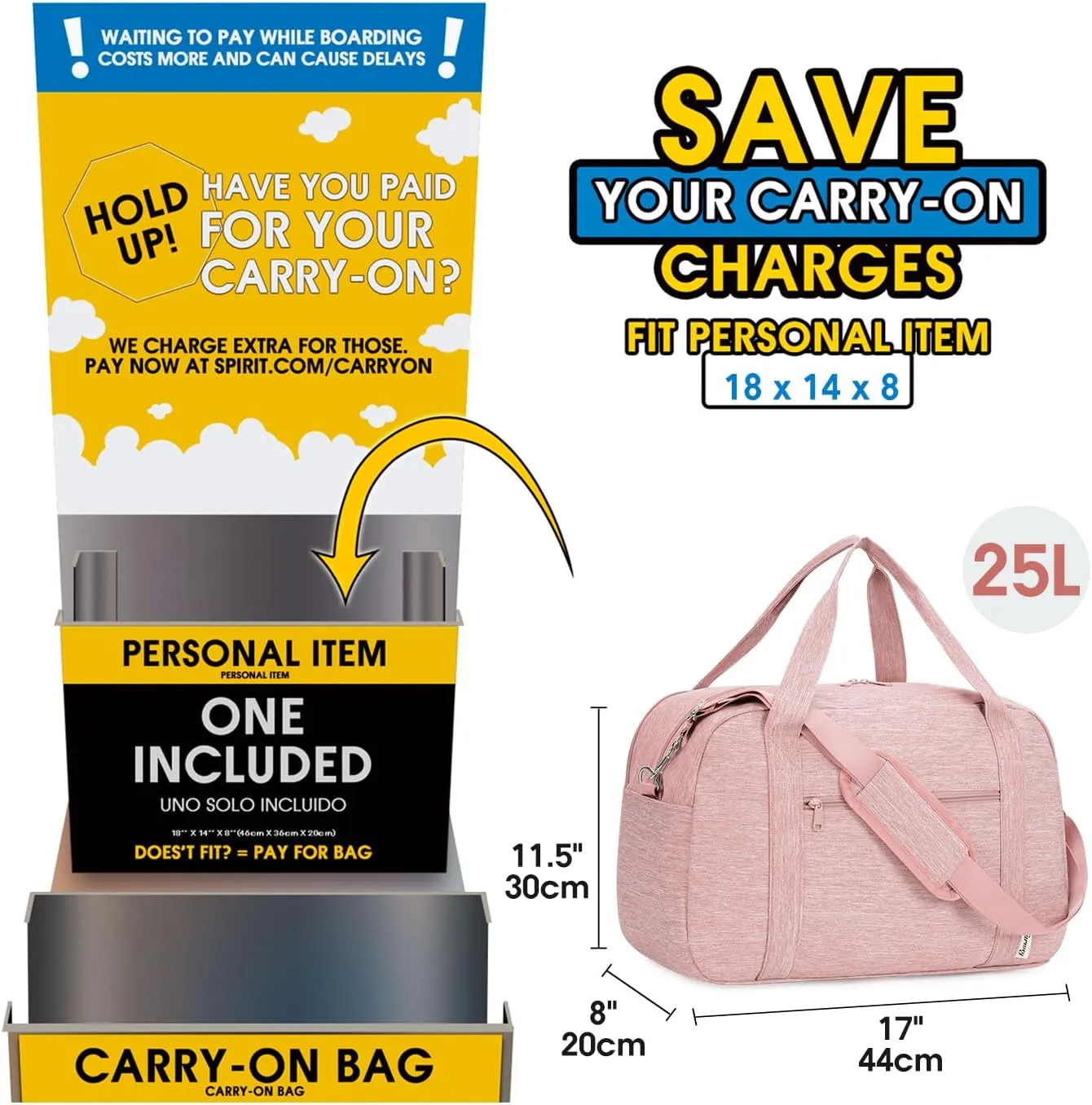 Narwey 18" Carry on Bag with Laptop Compartment 15.6 Inch Travel Duffel Bag for Spirit Airlines Personal Item Bag Overnight Weekender Bag with Wet Pocket for Women and Men (Pink)