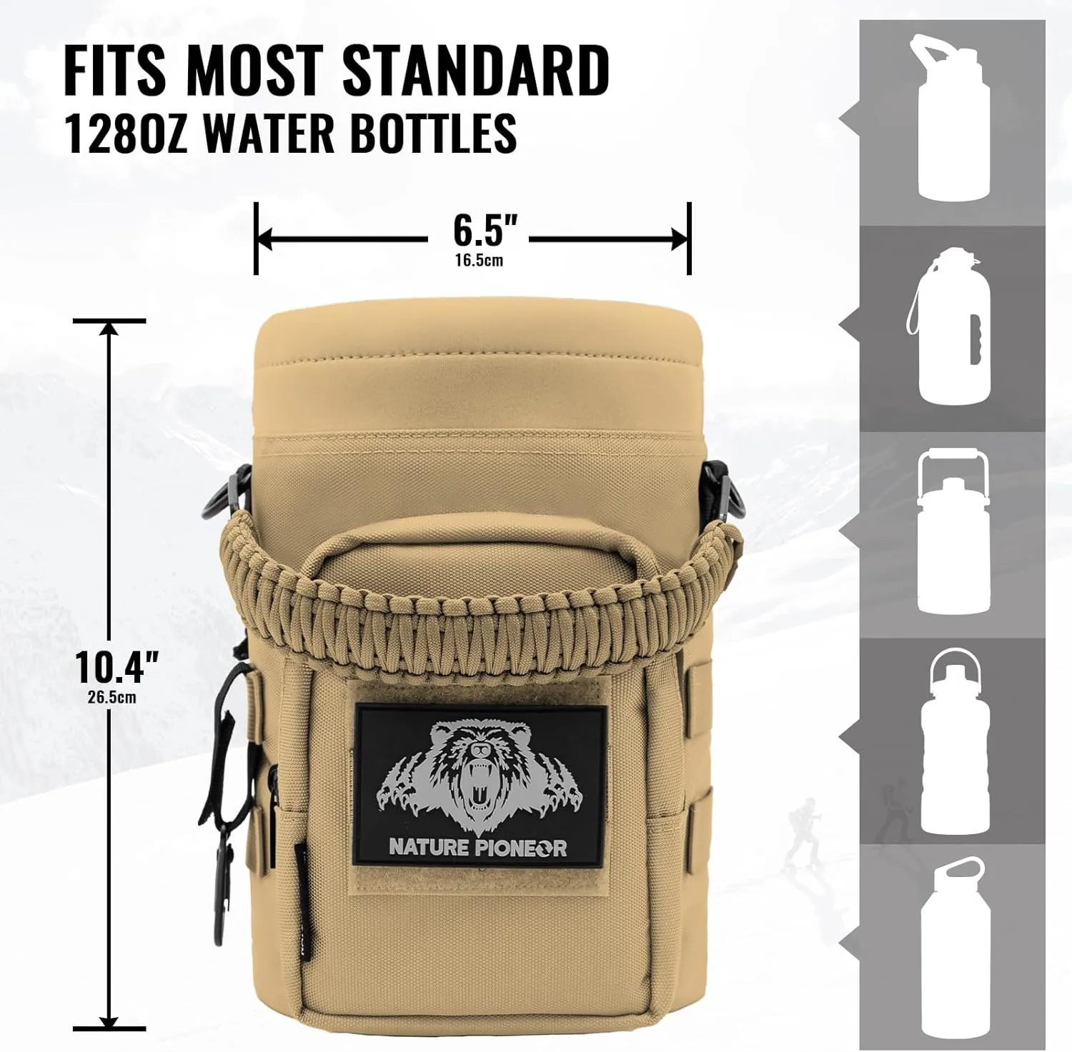 NATURE PIONEOR 32 64 128oz Tactical Water Bottle Pouch, Multi-Function Tactical Water Bottle Bag with Adjustable Shoulder Strap, Half/One Gallon Molle Strap Carrier Holder