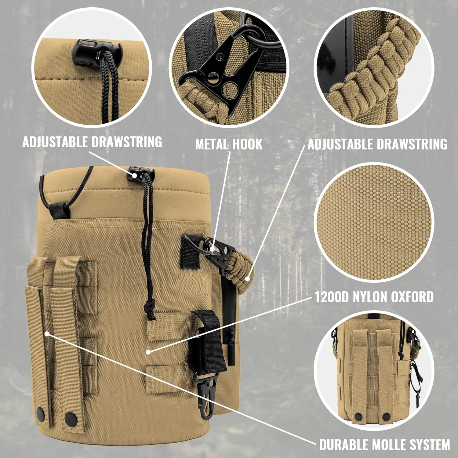NATURE PIONEOR 32 64 128oz Tactical Water Bottle Pouch, Multi-Function Tactical Water Bottle Bag with Adjustable Shoulder Strap, Half/One Gallon Molle Strap Carrier Holder