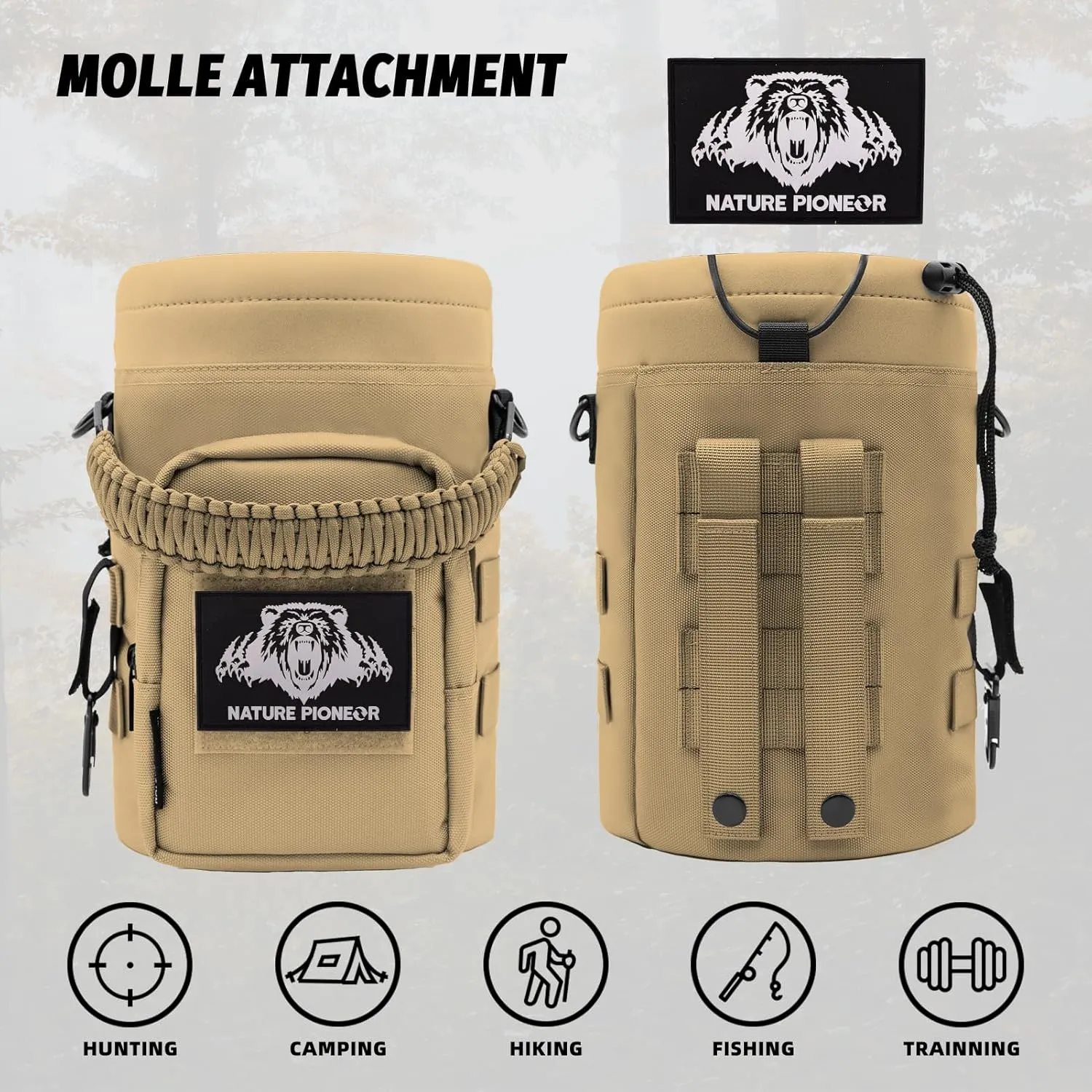 NATURE PIONEOR 32 64 128oz Tactical Water Bottle Pouch, Multi-Function Tactical Water Bottle Bag with Adjustable Shoulder Strap, Half/One Gallon Molle Strap Carrier Holder