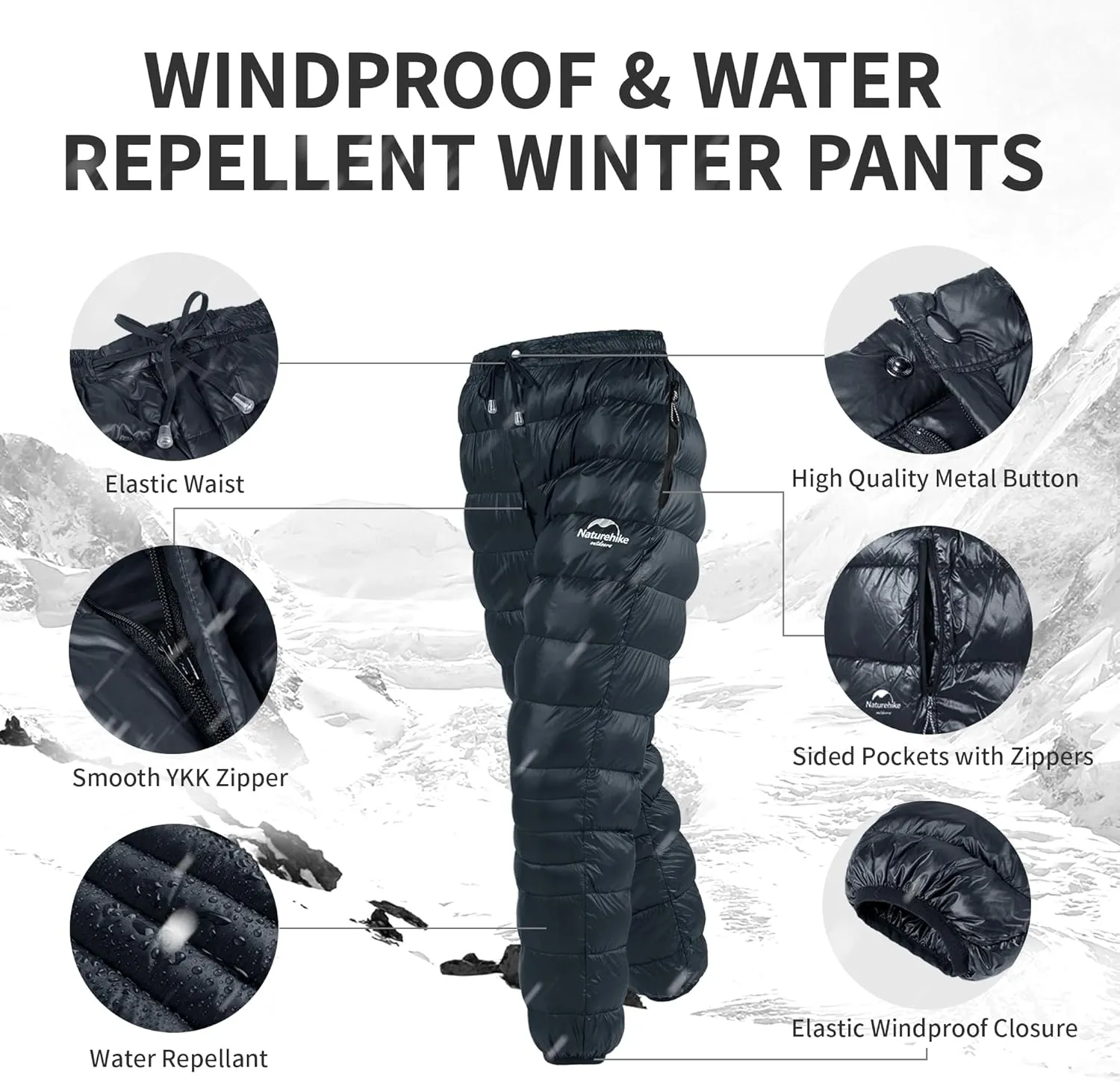 Naturehike Down Pants,Men's Women's Puffy Pants,Winter Warm Outdoor Men Women Ski Snow Pants,Camping Hiking Pants