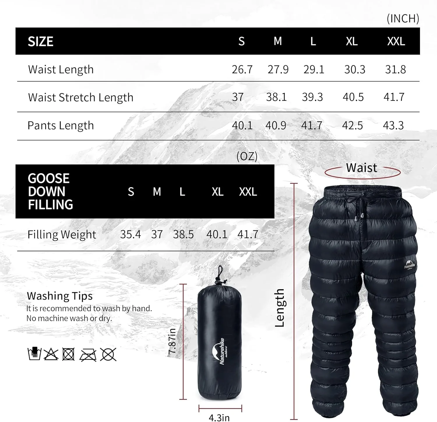 Naturehike Down Pants,Men's Women's Puffy Pants,Winter Warm Outdoor Men Women Ski Snow Pants,Camping Hiking Pants