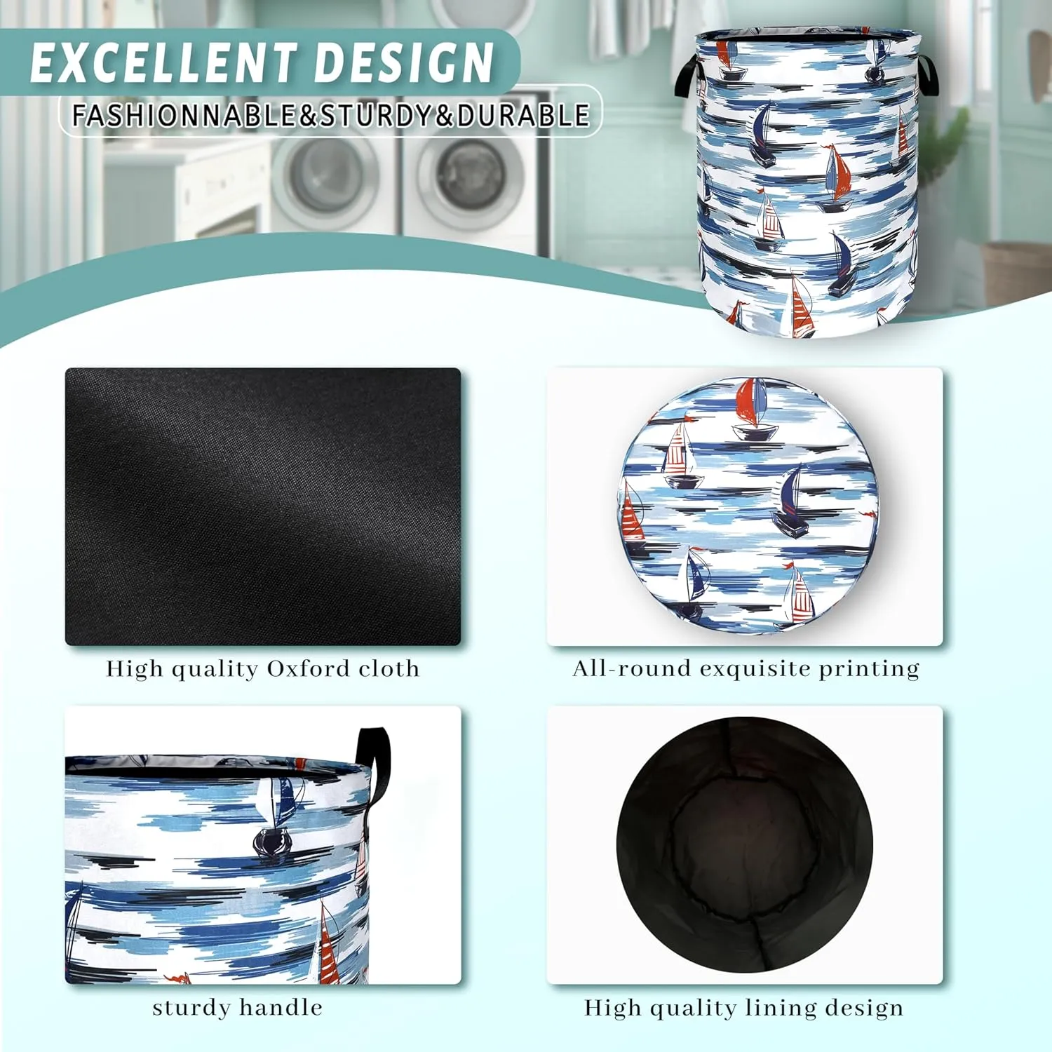 Nautical Laundry Basket Foldable Blue Seafaring Theme Print Laundry Hamper Oxford Cloth Funny Tote Bag Clothes Toy Storage Bucket For Bathroom/Laundry Storage/Bedroom 18.9 x 16.5 Inch
