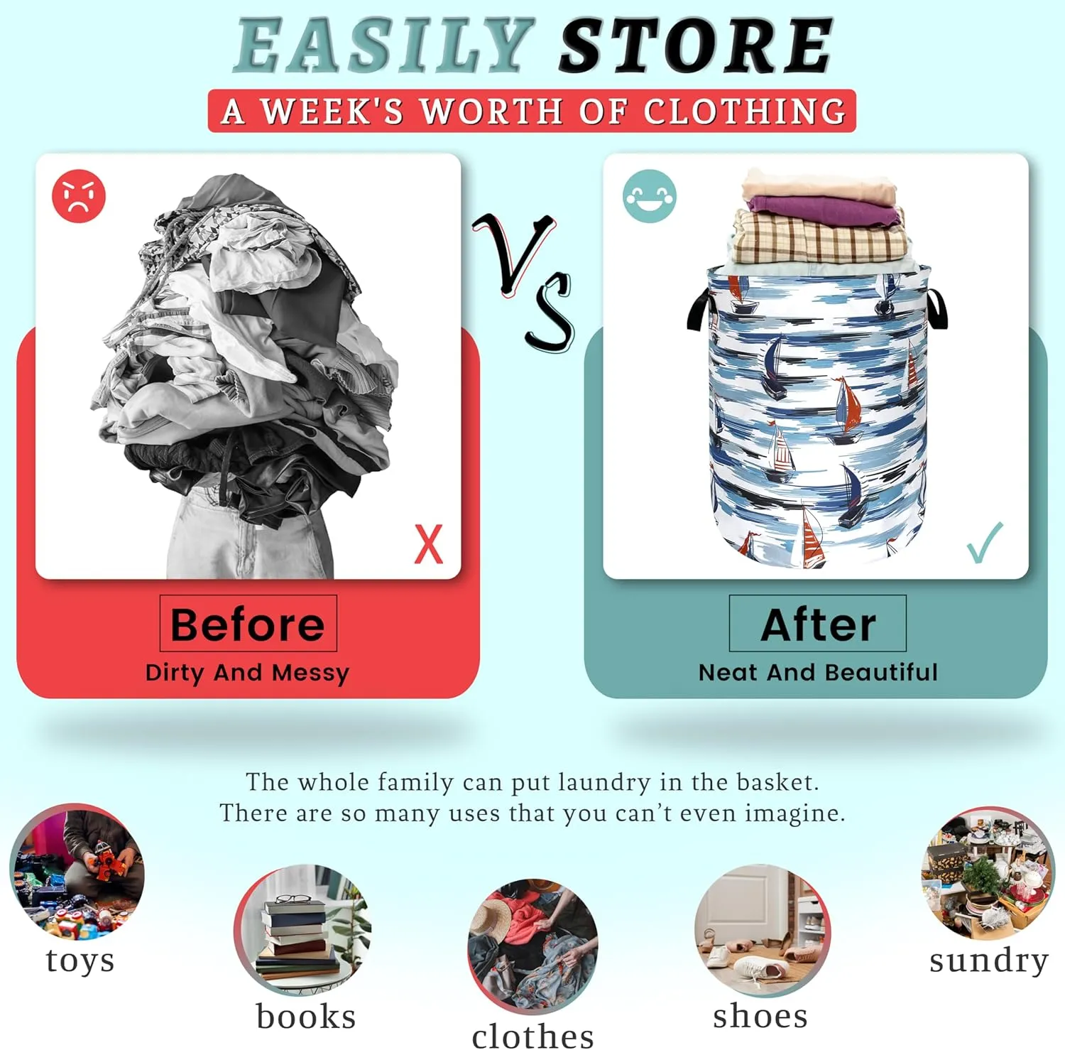 Nautical Laundry Basket Foldable Blue Seafaring Theme Print Laundry Hamper Oxford Cloth Funny Tote Bag Clothes Toy Storage Bucket For Bathroom/Laundry Storage/Bedroom 18.9 x 16.5 Inch