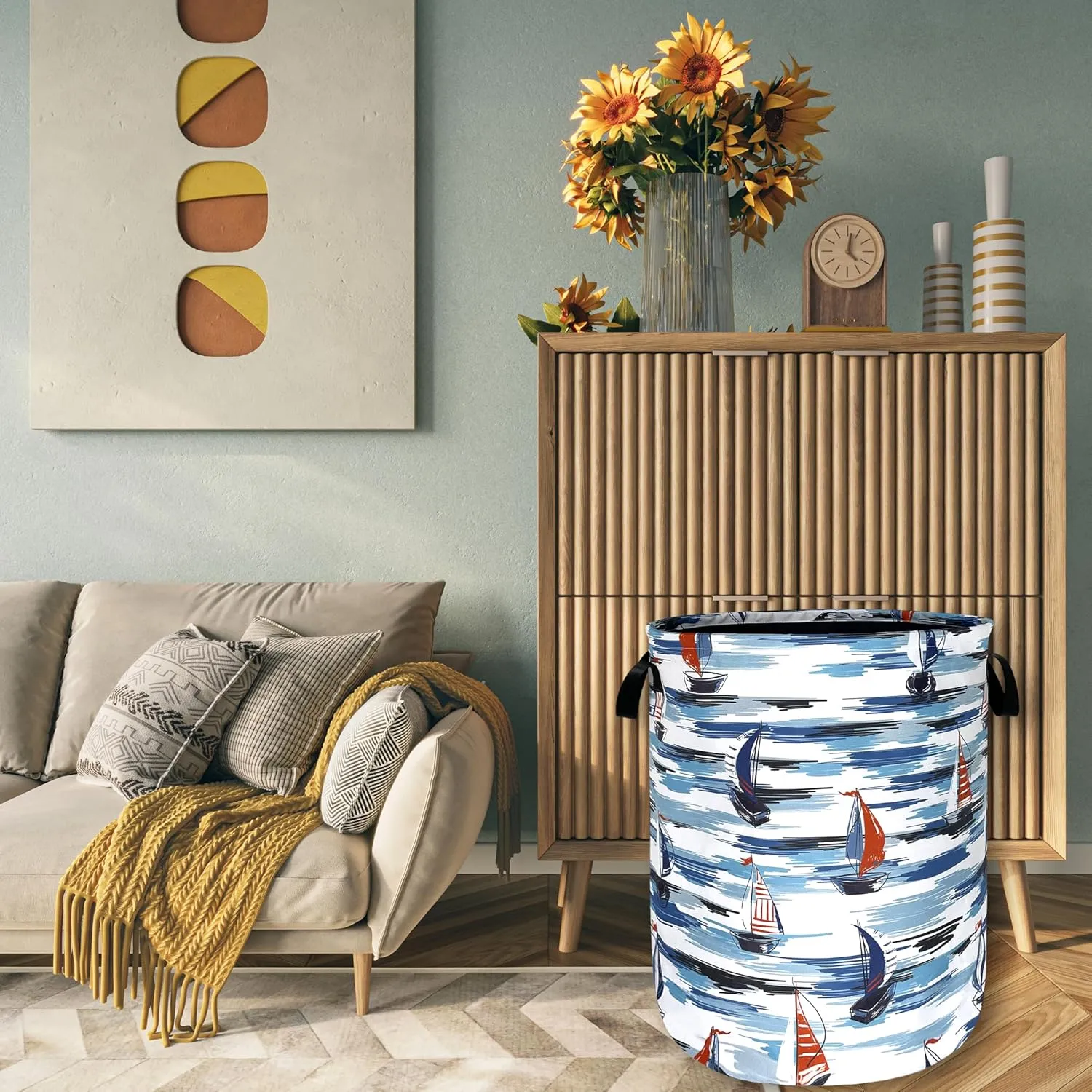 Nautical Laundry Basket Foldable Blue Seafaring Theme Print Laundry Hamper Oxford Cloth Funny Tote Bag Clothes Toy Storage Bucket For Bathroom/Laundry Storage/Bedroom 18.9 x 16.5 Inch