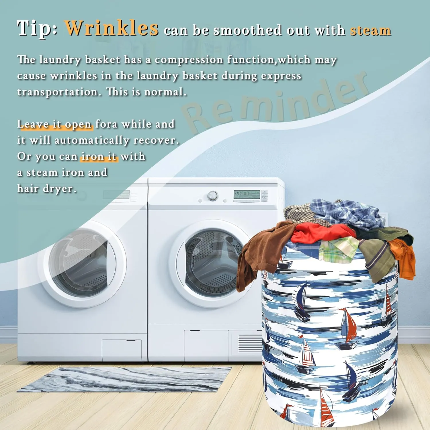 Nautical Laundry Basket Foldable Blue Seafaring Theme Print Laundry Hamper Oxford Cloth Funny Tote Bag Clothes Toy Storage Bucket For Bathroom/Laundry Storage/Bedroom 18.9 x 16.5 Inch