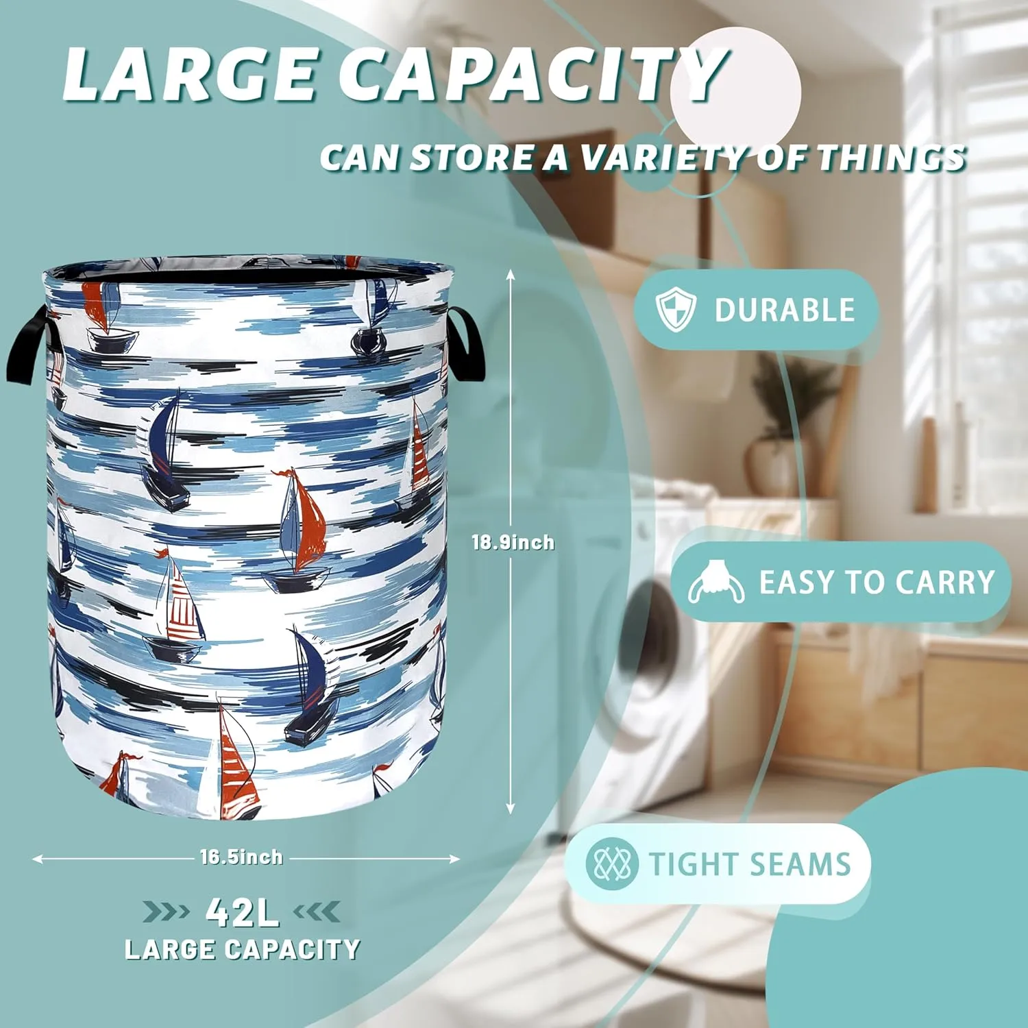 Nautical Laundry Basket Foldable Blue Seafaring Theme Print Laundry Hamper Oxford Cloth Funny Tote Bag Clothes Toy Storage Bucket For Bathroom/Laundry Storage/Bedroom 18.9 x 16.5 Inch