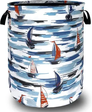 Nautical Laundry Basket Foldable Blue Seafaring Theme Print Laundry Hamper Oxford Cloth Funny Tote Bag Clothes Toy Storage Bucket For Bathroom/Laundry Storage/Bedroom 18.9 x 16.5 Inch