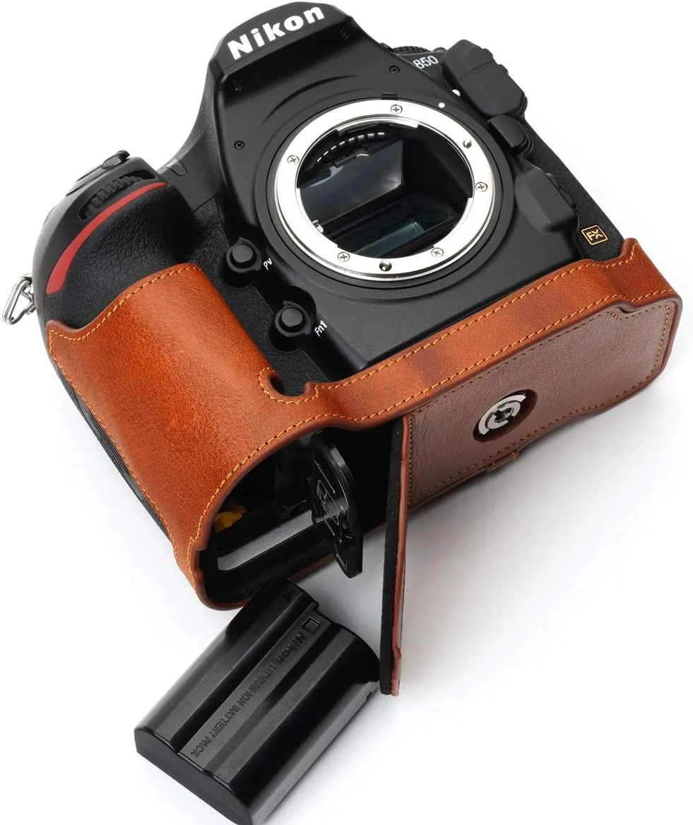 Nikon D850 Camera Case, BolinUS Handmade Genuine Real Leather Half Camera Case Bag Cover for Nikon D850 Camera Bottom Opening Version   Hand Strap (LavaBrown)