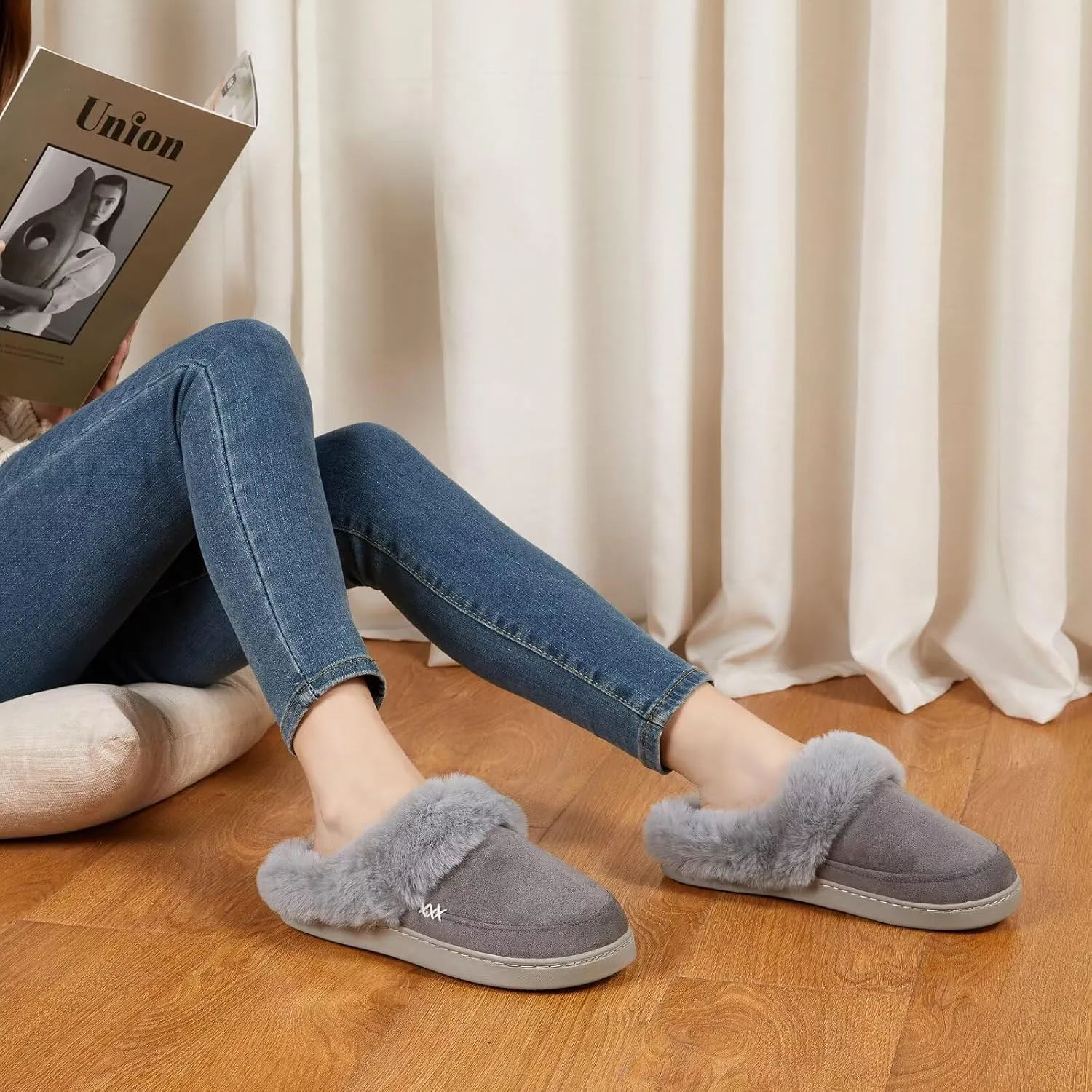 NineCiFun Women's and Men's Suede House Slippers Slip on Fuzzy Slippers with Faux Fur Lining Indoor Outdoor Home Shoes with Rubber Sole