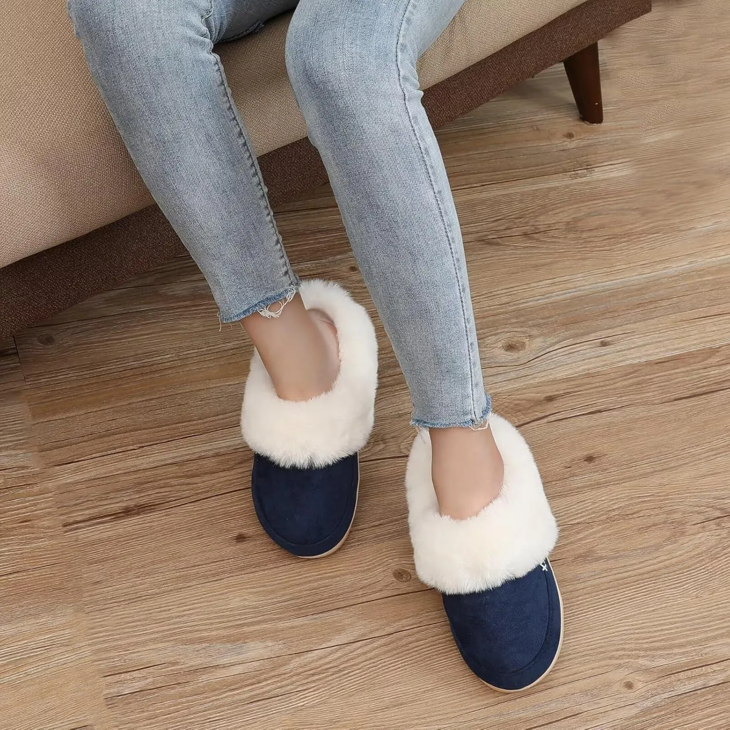 NineCiFun Women's and Men's Suede House Slippers Slip on Fuzzy Slippers with Faux Fur Lining Indoor Outdoor Home Shoes with Rubber Sole