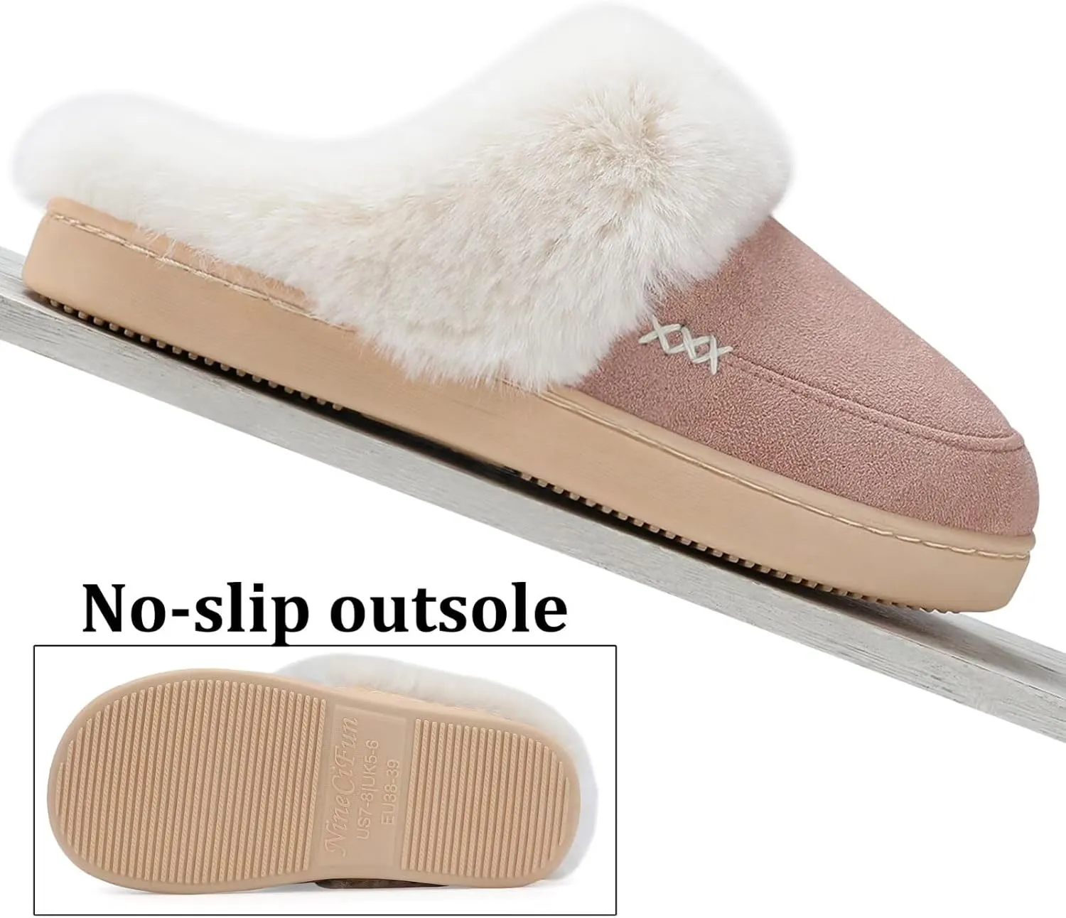 NineCiFun Women's and Men's Suede House Slippers Slip on Fuzzy Slippers with Faux Fur Lining Indoor Outdoor Home Shoes with Rubber Sole