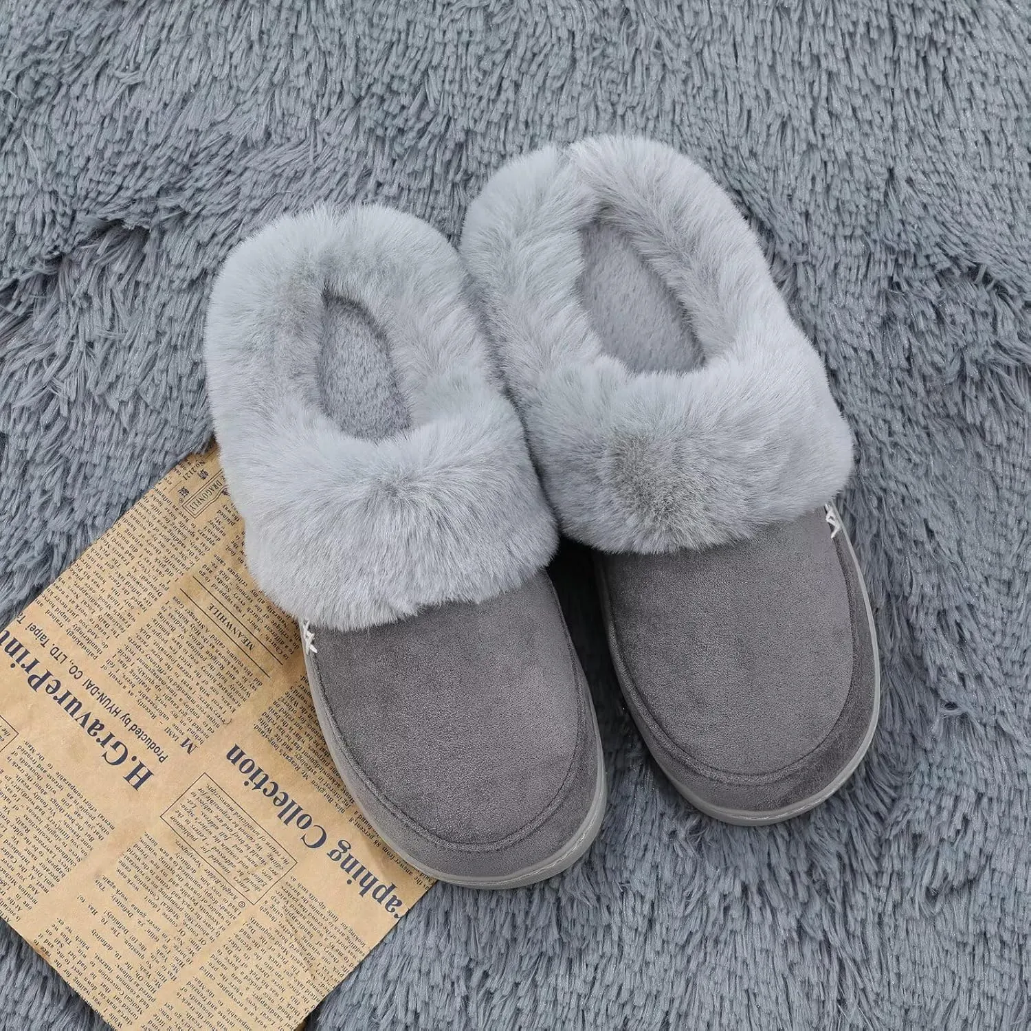 NineCiFun Women's and Men's Suede House Slippers Slip on Fuzzy Slippers with Faux Fur Lining Indoor Outdoor Home Shoes with Rubber Sole