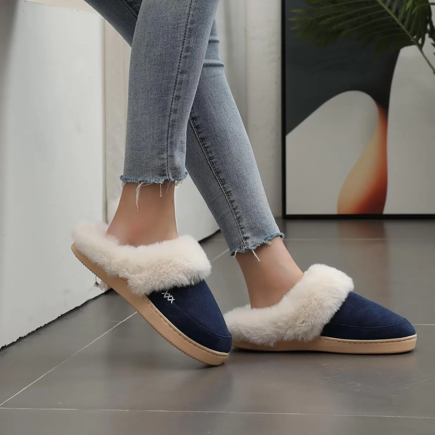 NineCiFun Women's and Men's Suede House Slippers Slip on Fuzzy Slippers with Faux Fur Lining Indoor Outdoor Home Shoes with Rubber Sole
