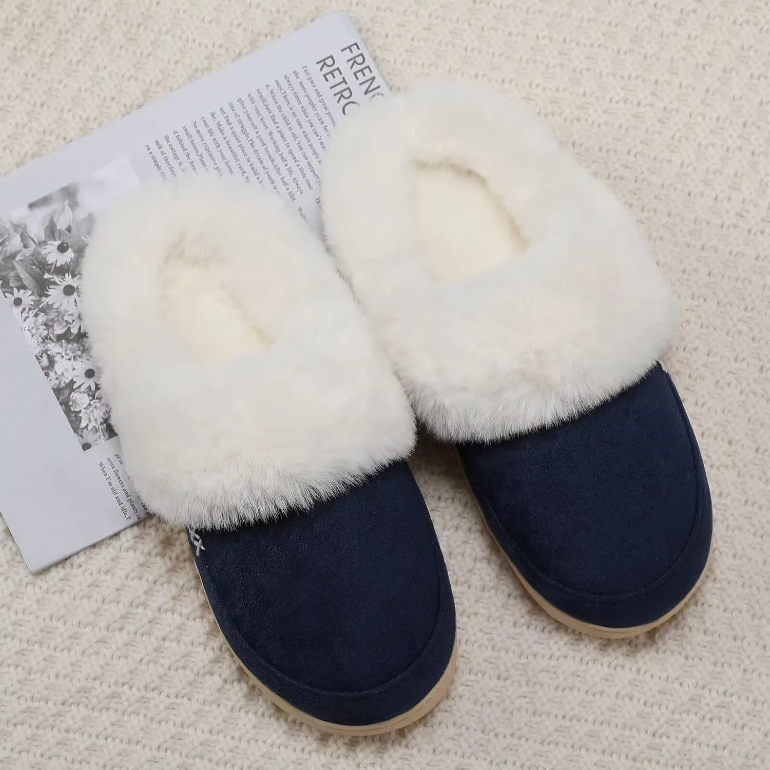 NineCiFun Women's and Men's Suede House Slippers Slip on Fuzzy Slippers with Faux Fur Lining Indoor Outdoor Home Shoes with Rubber Sole