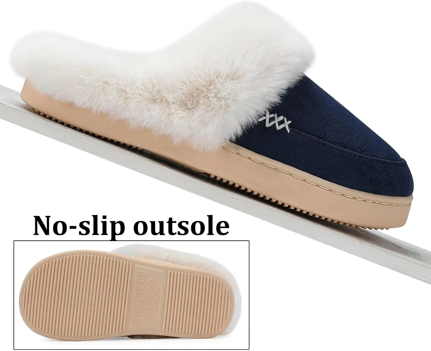 NineCiFun Women's and Men's Suede House Slippers Slip on Fuzzy Slippers with Faux Fur Lining Indoor Outdoor Home Shoes with Rubber Sole