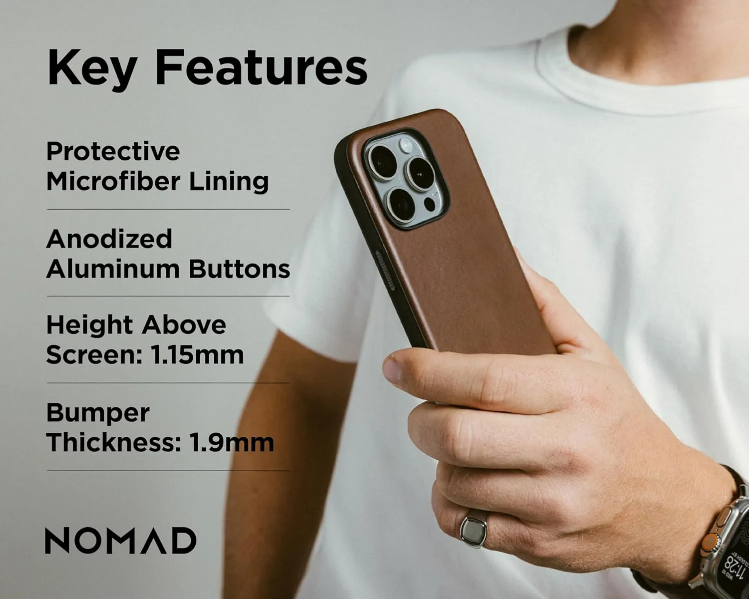 NOMAD Modern iPhone 16 Pro Leather Case Rustic Brown - iPhone 16 Pro Case with Horween Leather Magsafe Charging Compatible, Leather Phone Case for iPhone 16 Pro