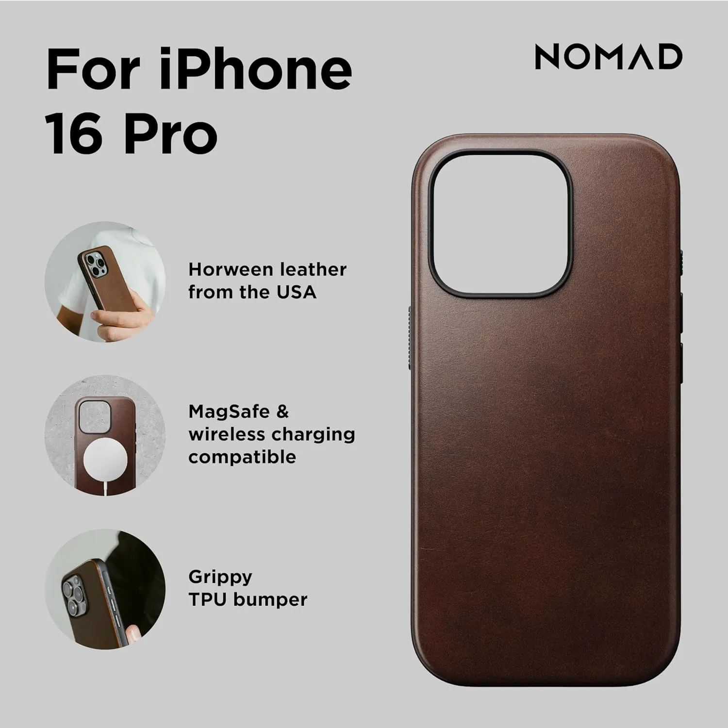NOMAD Modern iPhone 16 Pro Leather Case Rustic Brown - iPhone 16 Pro Case with Horween Leather Magsafe Charging Compatible, Leather Phone Case for iPhone 16 Pro