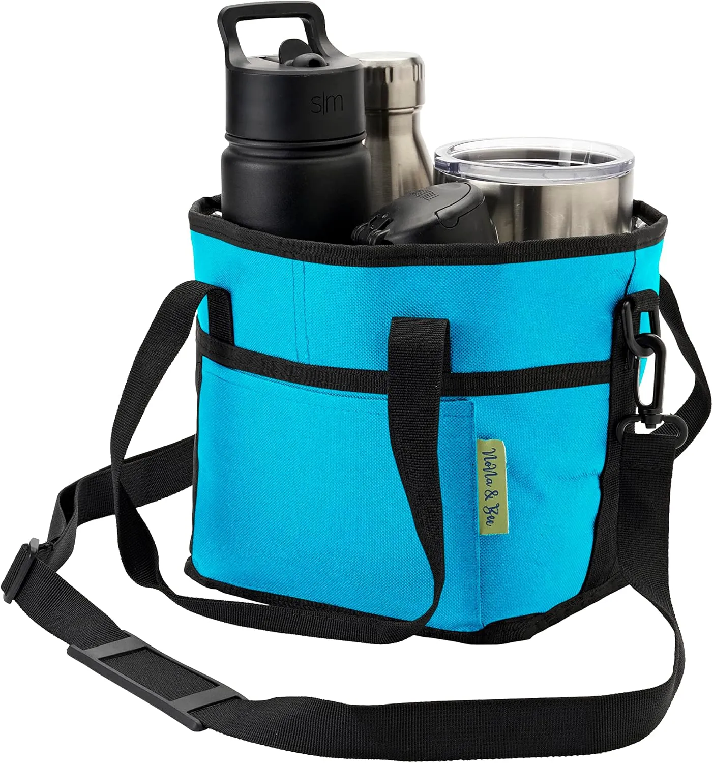 NoNa & Bee 4 Water Bottle Holder with Strap | Family Size 4 Compartment Drink Bag, Multiple Tumbler Carrier Caddy | Adjustable Fits Large & Small Drinks | Hands Free, Won't Tip Over in Car
